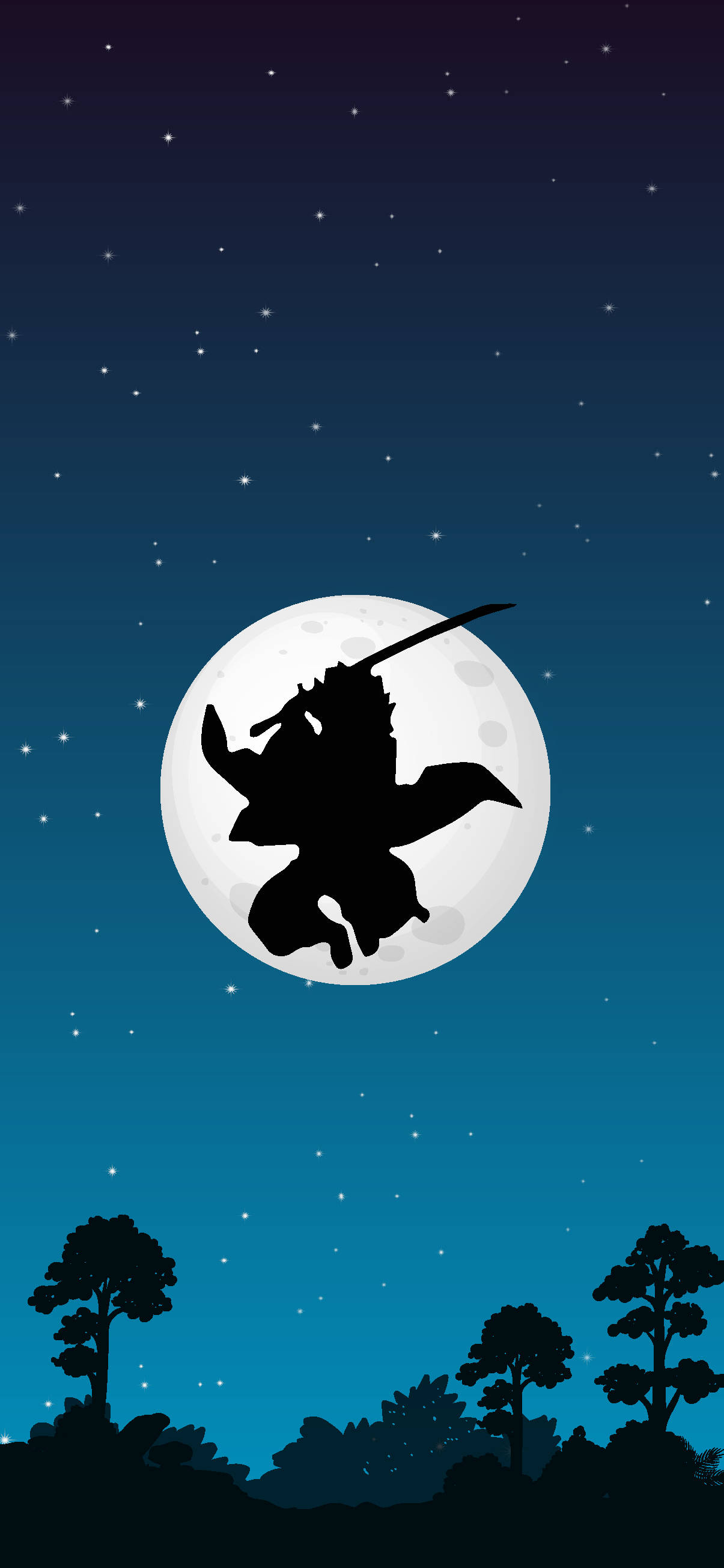 動漫男孩 桌布 壁紙 — 忍者剪影在滿月前躍過，背景是繁星點點的夜空，下方有黑暗的樹木剪影。
