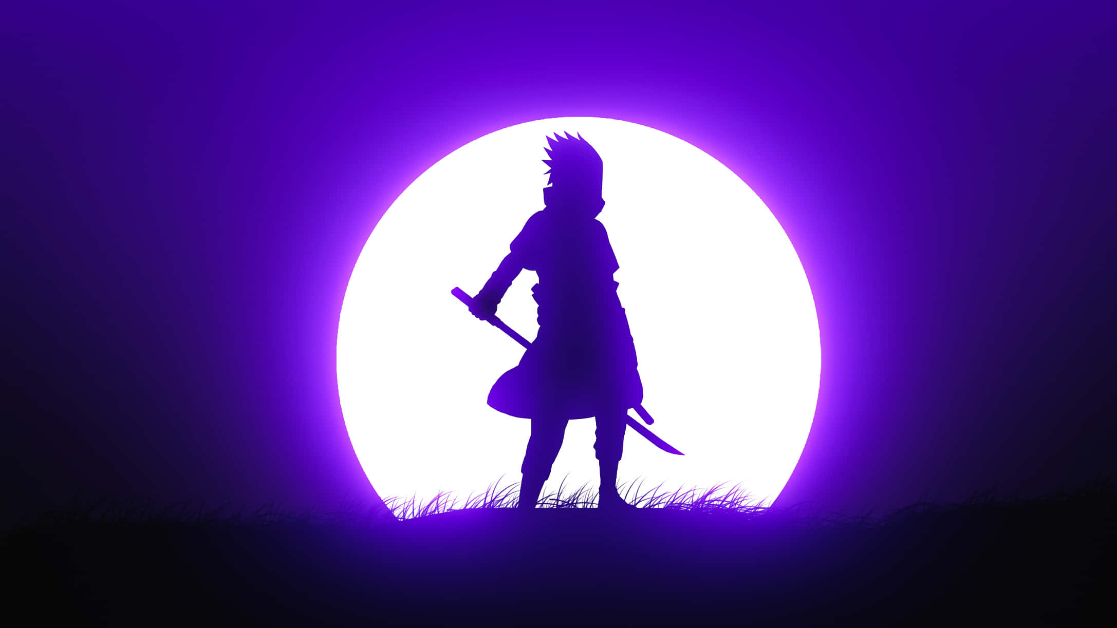 Sasuke 桌布 壁紙 — 忍者剪影在黑暗的田野中，手持劍，對抗發光的紫色月亮。
