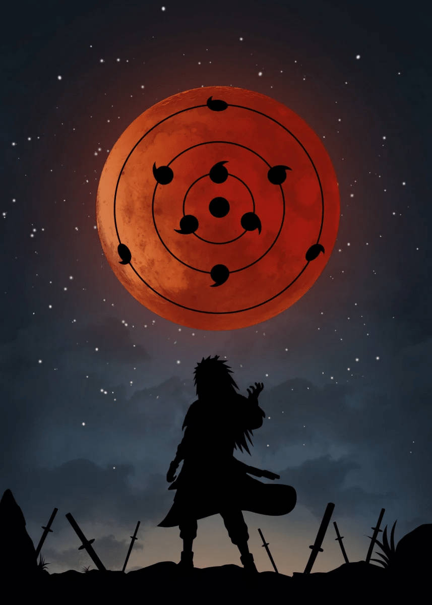 Uchiha 桌布 壁紙 — 忍者剪影站在一個巨大的紅色月亮前，月亮上有輪迴眼標誌，背景是繁星點點的夜空。
