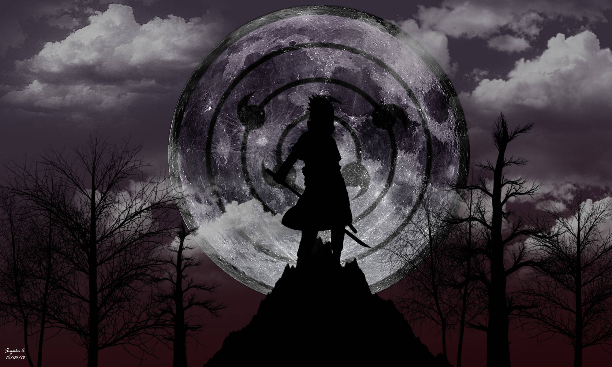 sasuke uchiha 桌布 壁紙 — 忍者剪影站在山峰上，面前是一輪巨大的月亮，帶有漩渦圖案和頭頂的烏雲。