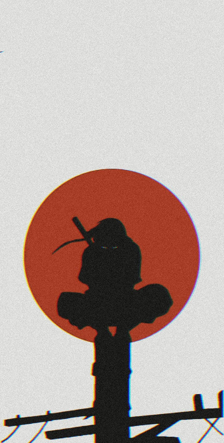 Itachi Cool 桌布 壁紙 — 忍者棲息在柱子上，以一個大型紅色太陽為背景，搭配紋理灰色背景的剪影。
