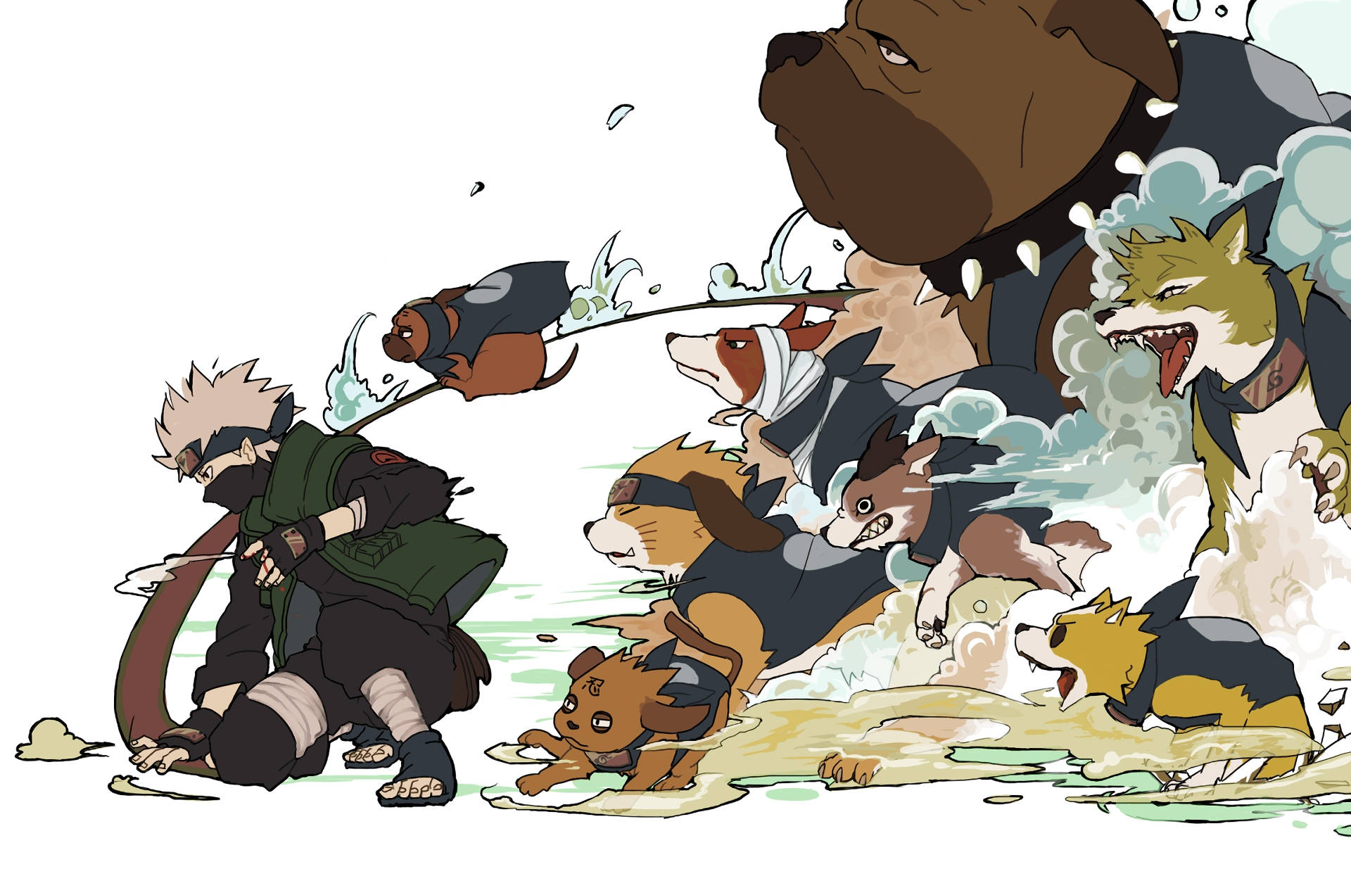 Naruto Kakashi 桌布 壁紙 — 忍者與一群兇猛、潑水的犬類生物在動態的動漫動作場景中戰鬥。