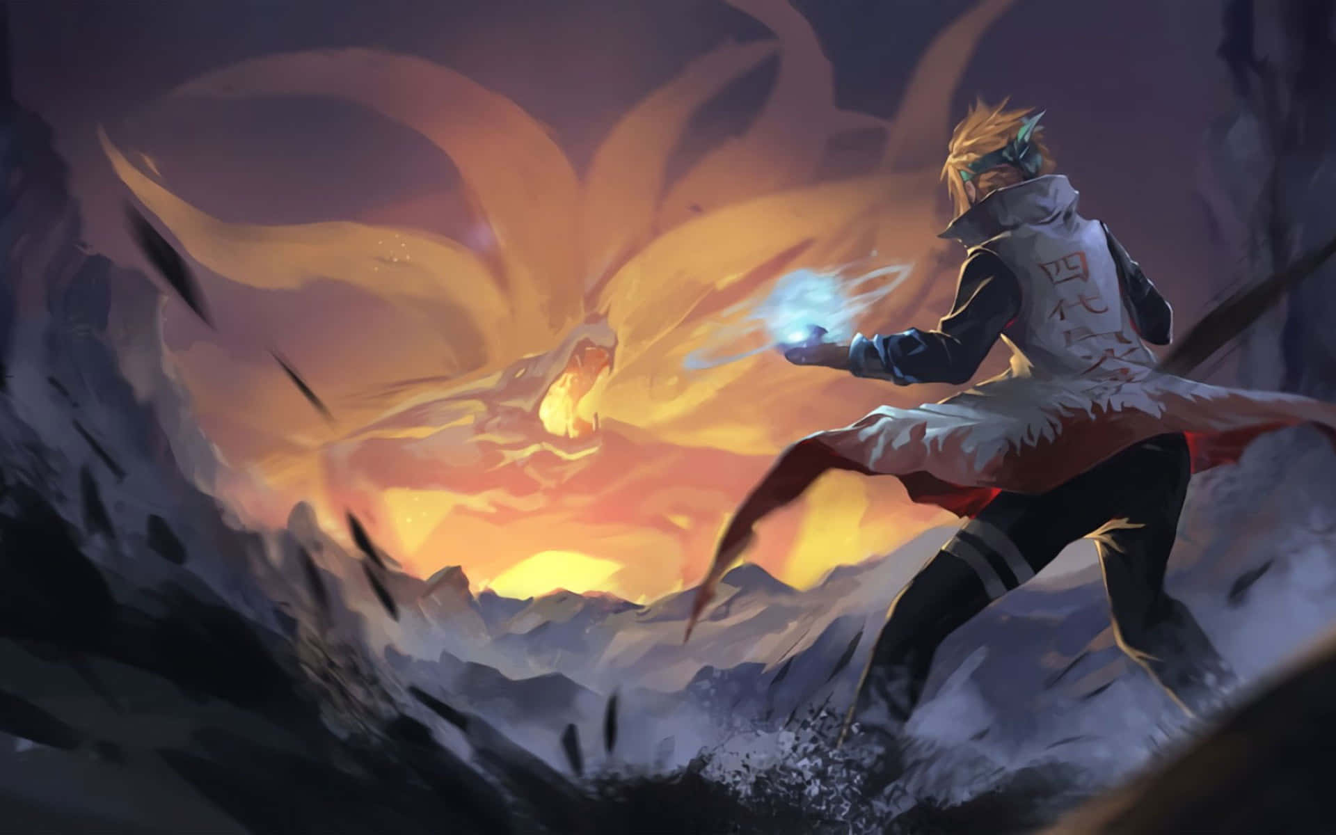 Naruto Fire 桌布 壁紙 — 忍者與巨大狐靈在雪山上火紅的夕陽下戰鬥。