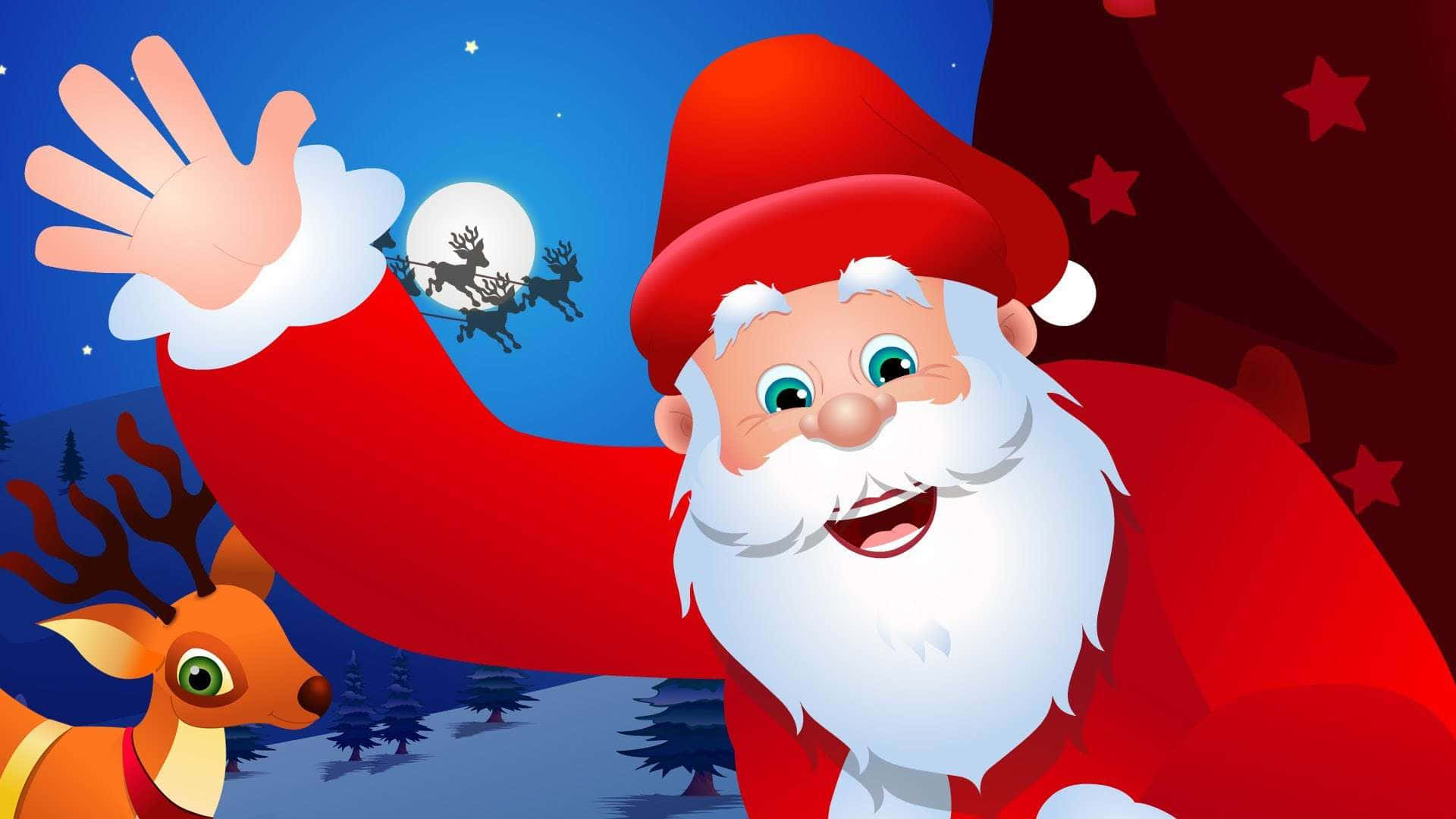Santa Claus 桌布 壁紙 — 快樂的卡通聖誕老人在滿天星星的夜空下愉快地揮手，馴鹿在月光下飛過。