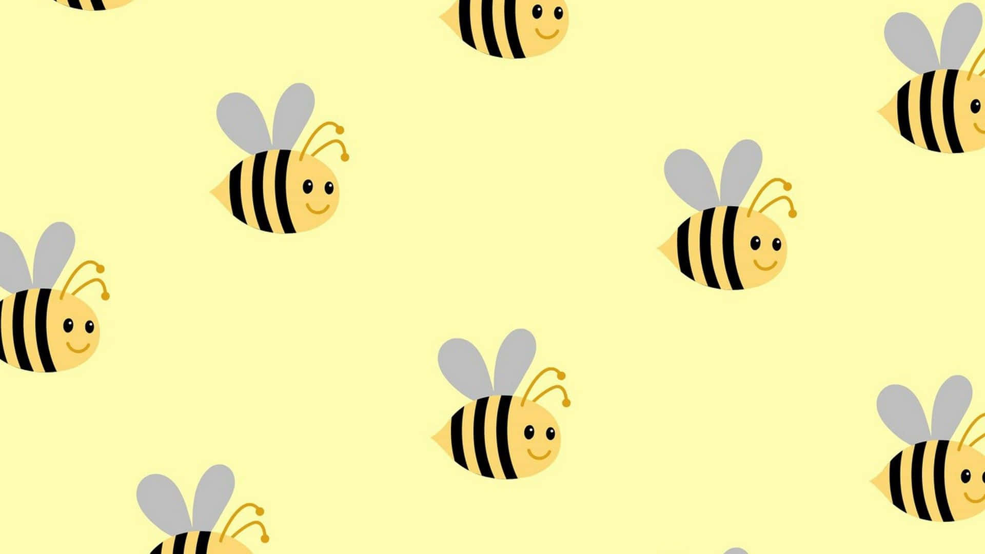 Aesthetic Bee 桌布 壁紙 — 快樂的卡通蜜蜂帶著笑臉在柔和的黃色背景上以重複圖案飛翔。