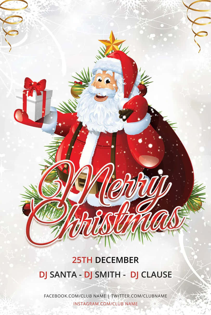 Christmas Flyer 桌布 壁紙 — 快樂的聖誕老人拿著禮物盒，在節日雪花和金色漩渦中微笑，並帶有「聖誕快樂」文字。