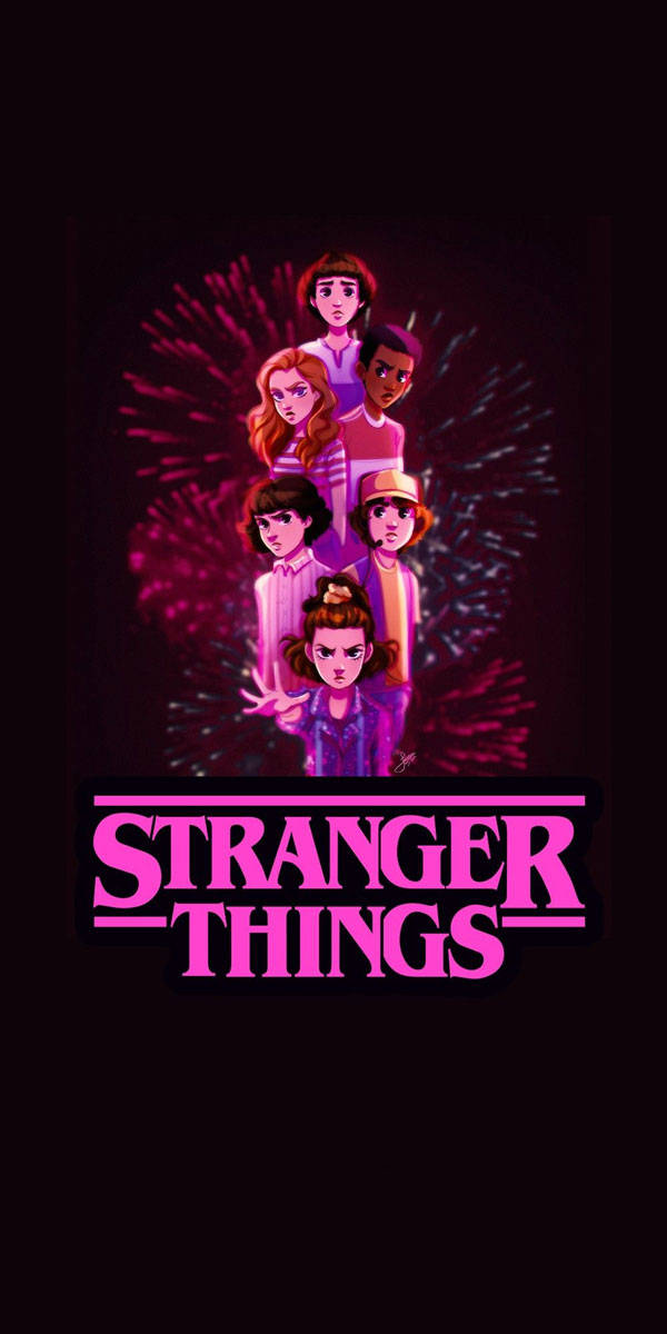 Aesthetic Stranger Things Eleven 桌布 壁紙 — 《怪奇物語》中的七個年輕角色在黑暗背景前以金字塔形站立，身後有粉紅色煙火。