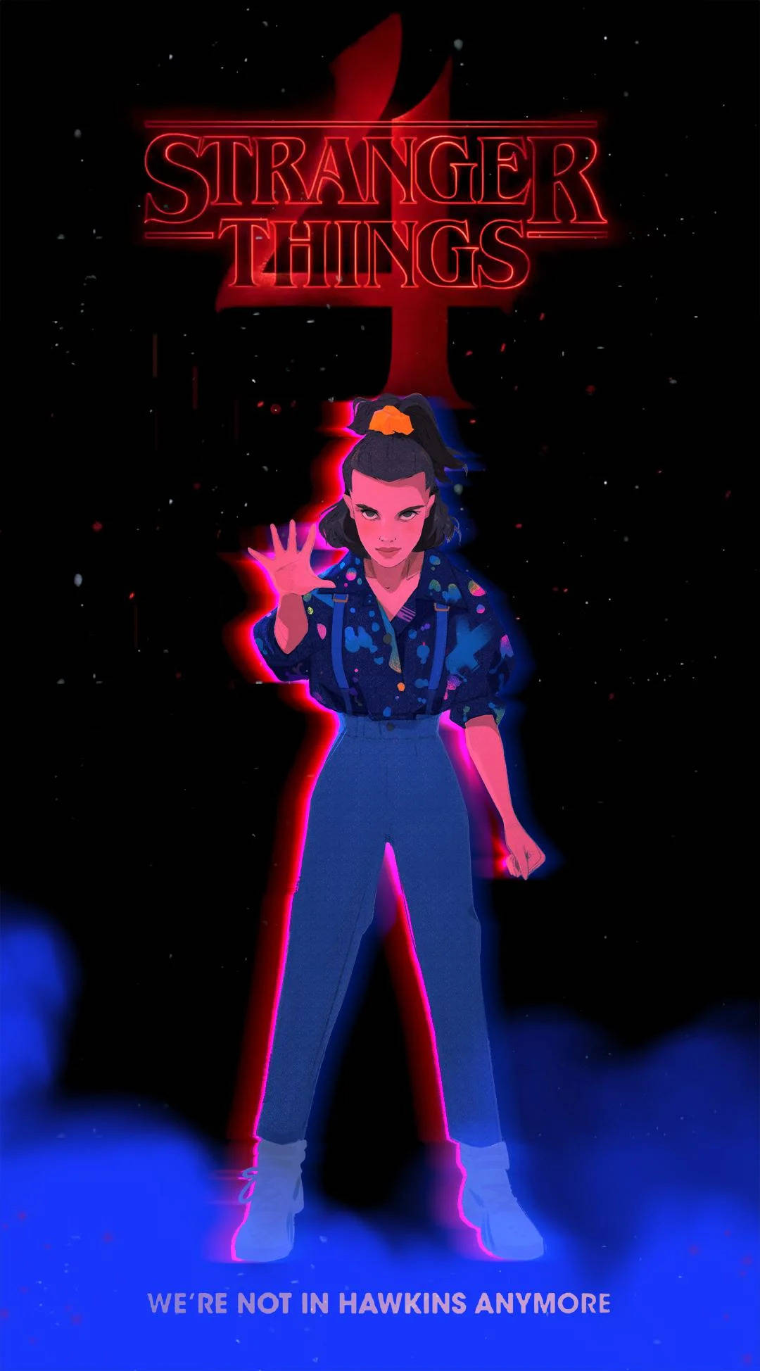 Stranger Things 4 桌布 壁紙 — 《怪奇物語》中的風格化角色站在宇宙虛空中，在星光點點的黑色背景上發出紅色和藍色霓虹輪廓的光芒。
