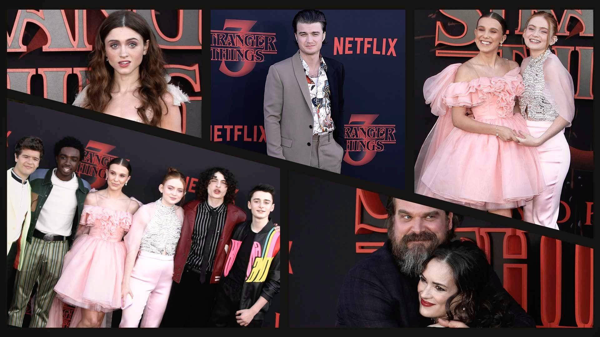 Cast 桌布 壁紙 — 《怪奇物語》演員在 Netflix 活動中於品牌背景前擺姿勢的拼貼畫。