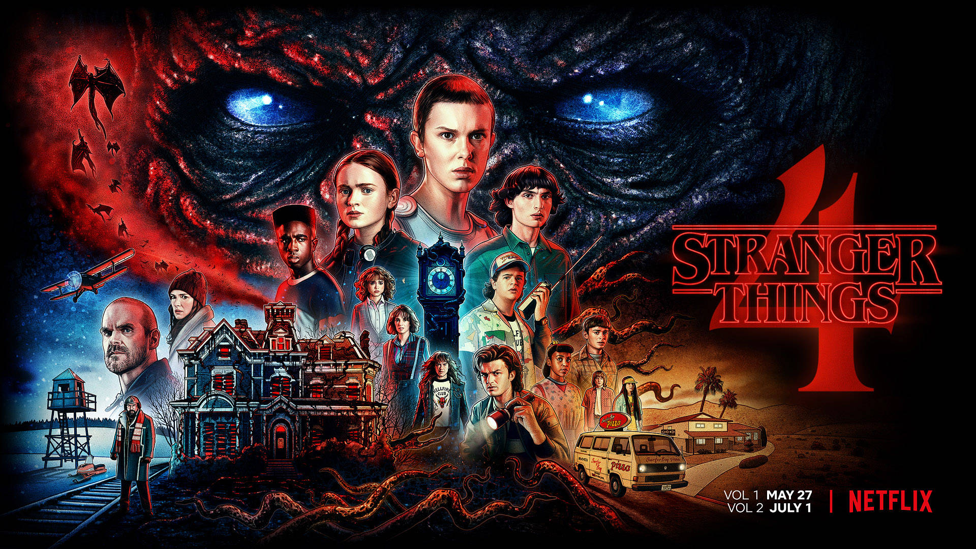 Stranger Things 4 桌布 壁紙 — 《怪奇物語》第四季的戲劇性海報， featuring 角色、鬼屋、貨車和一隻擁有發光藍色眼睛的巨型怪物。