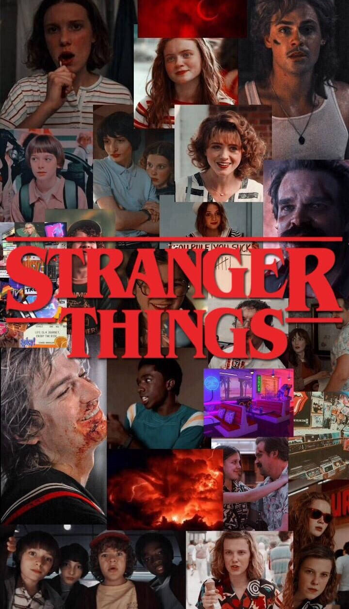 Stranger Things Aesthetic 桌布 壁紙 — 《怪奇物語》角色和場景的鮮豔拼貼，帶有粗體紅色標題文字。