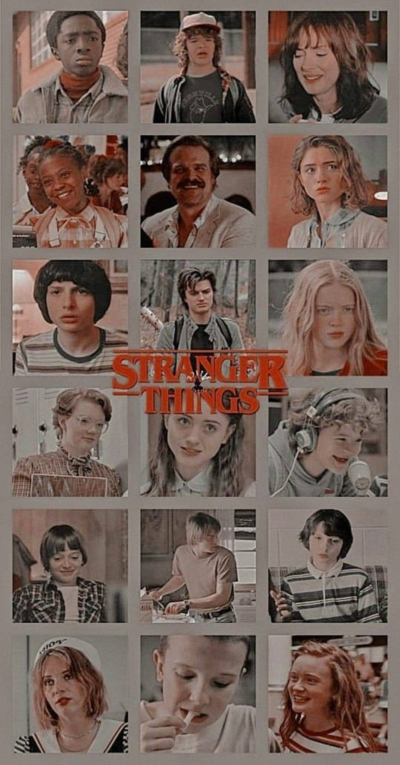 Stranger Things Aesthetic 桌布 壁紙 — 《怪奇物語》角色拼貼畫，帶有溫暖色調和懷舊80年代風格。