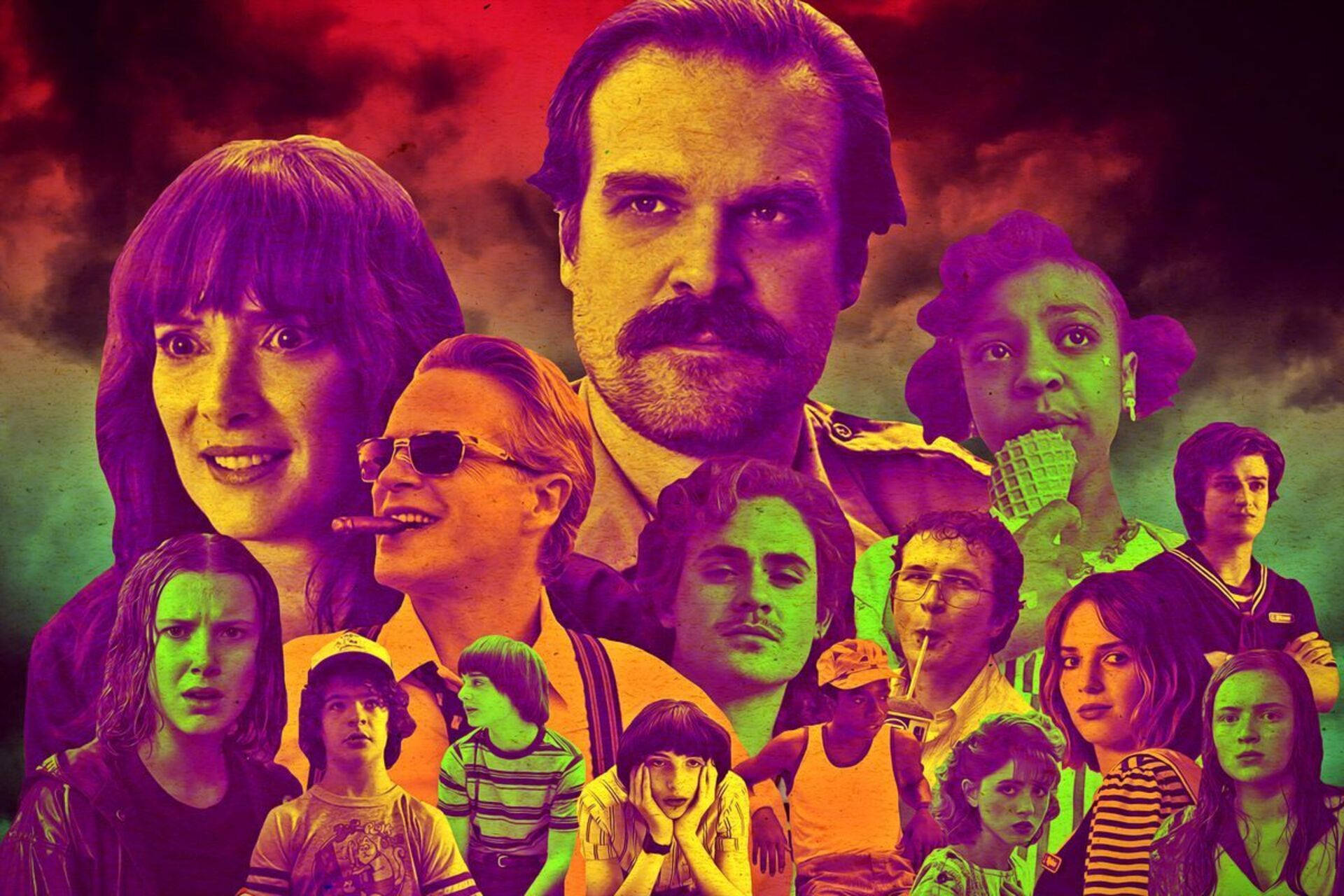 Stranger Things 3 桌布 壁紙 — 《怪奇物語》角色色彩鮮豔的拼貼畫，帶有戲劇性的燈光和強烈的表情。