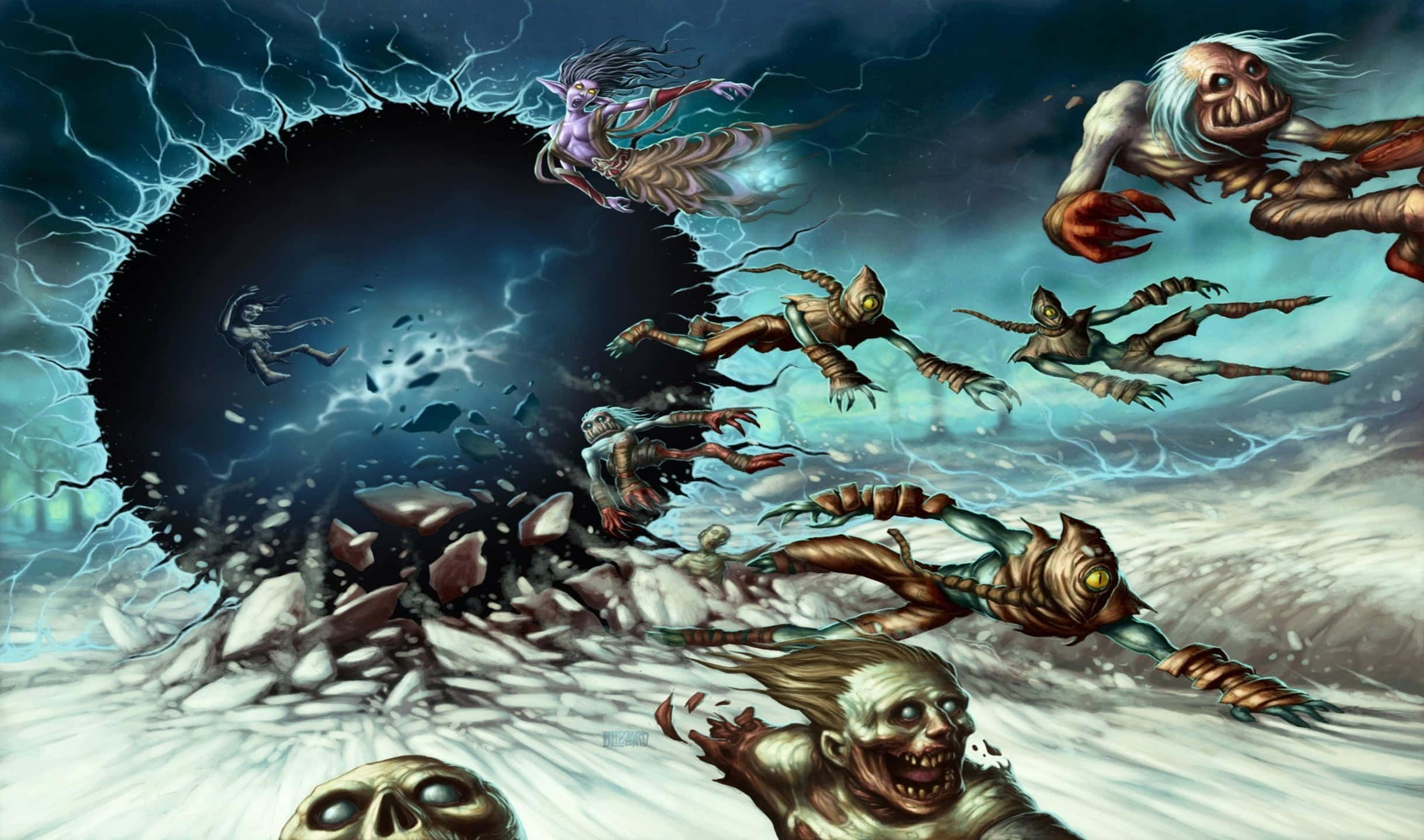 2440x1440 Hearthstone 桌布 壁紙 — 怪物和骷髏從暴風雪天空中的黑暗裂縫中衝出，下面是雪地荒原。