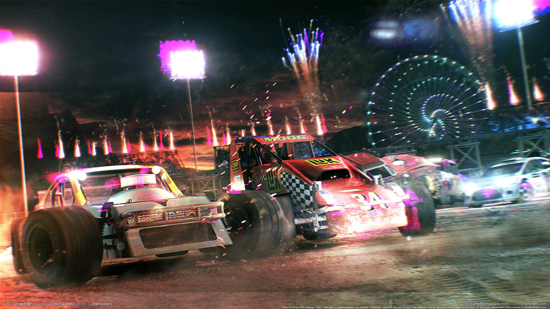 Showdown 桌布 壁紙 — 怪獸卡車在霓虹燈和煙火下於夜間嘉年華比賽中相撞。