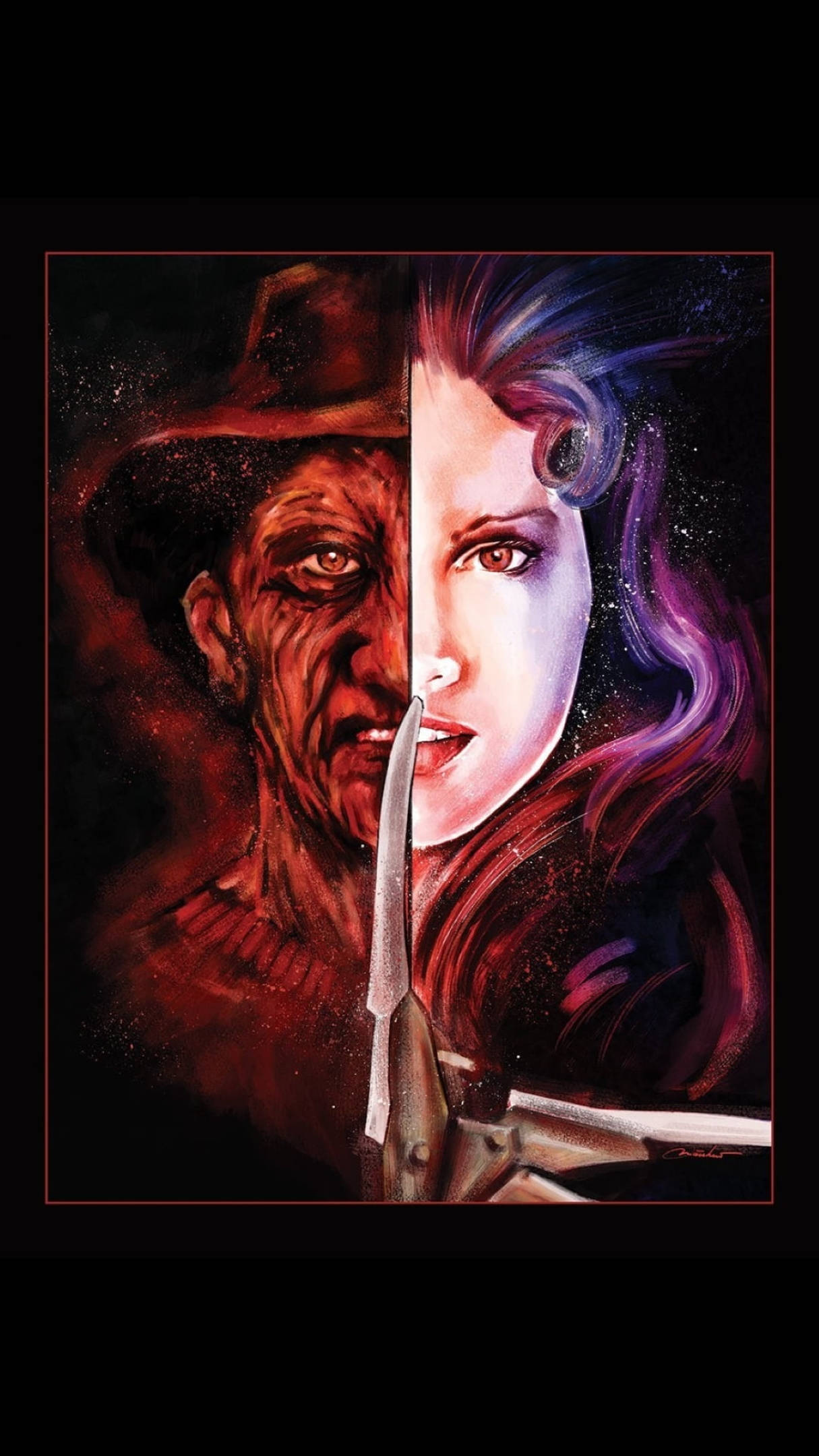 Freddy 桌布 壁紙 — 恐怖圖標與魅力女性的分裂面孔肖像，背景為宇宙，並以刀分隔。