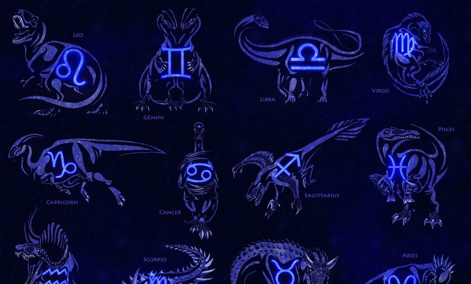 zodiac 桌布 壁紙 — 恐龍剪影在黑暗的宇宙背景上發出霓虹藍色星座符號的光芒。