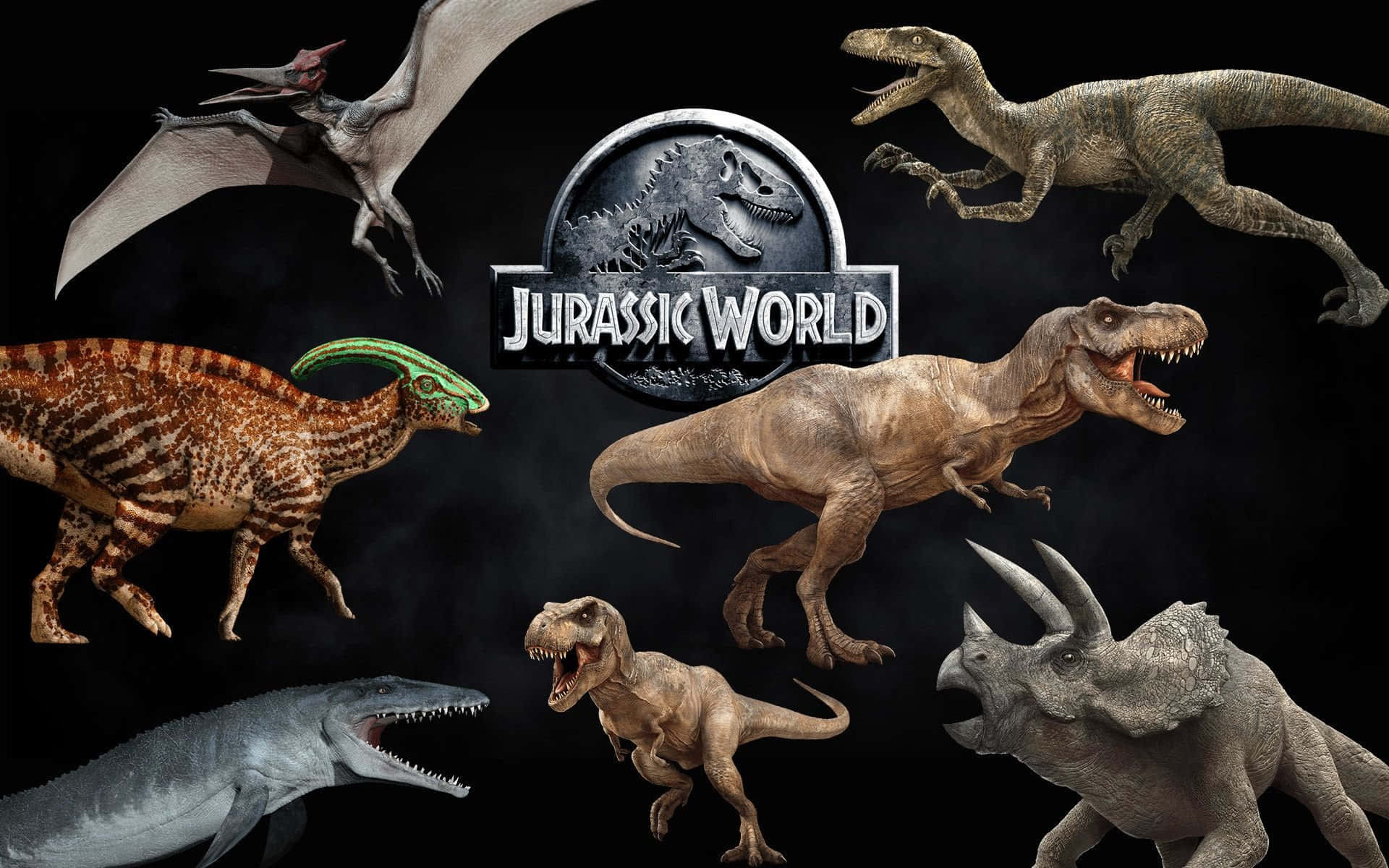 Cool Dinosaur 桌布 壁紙 — 恐龍包括暴龍和翼龍圍繞著黑暗背景上的侏羅紀世界標誌。