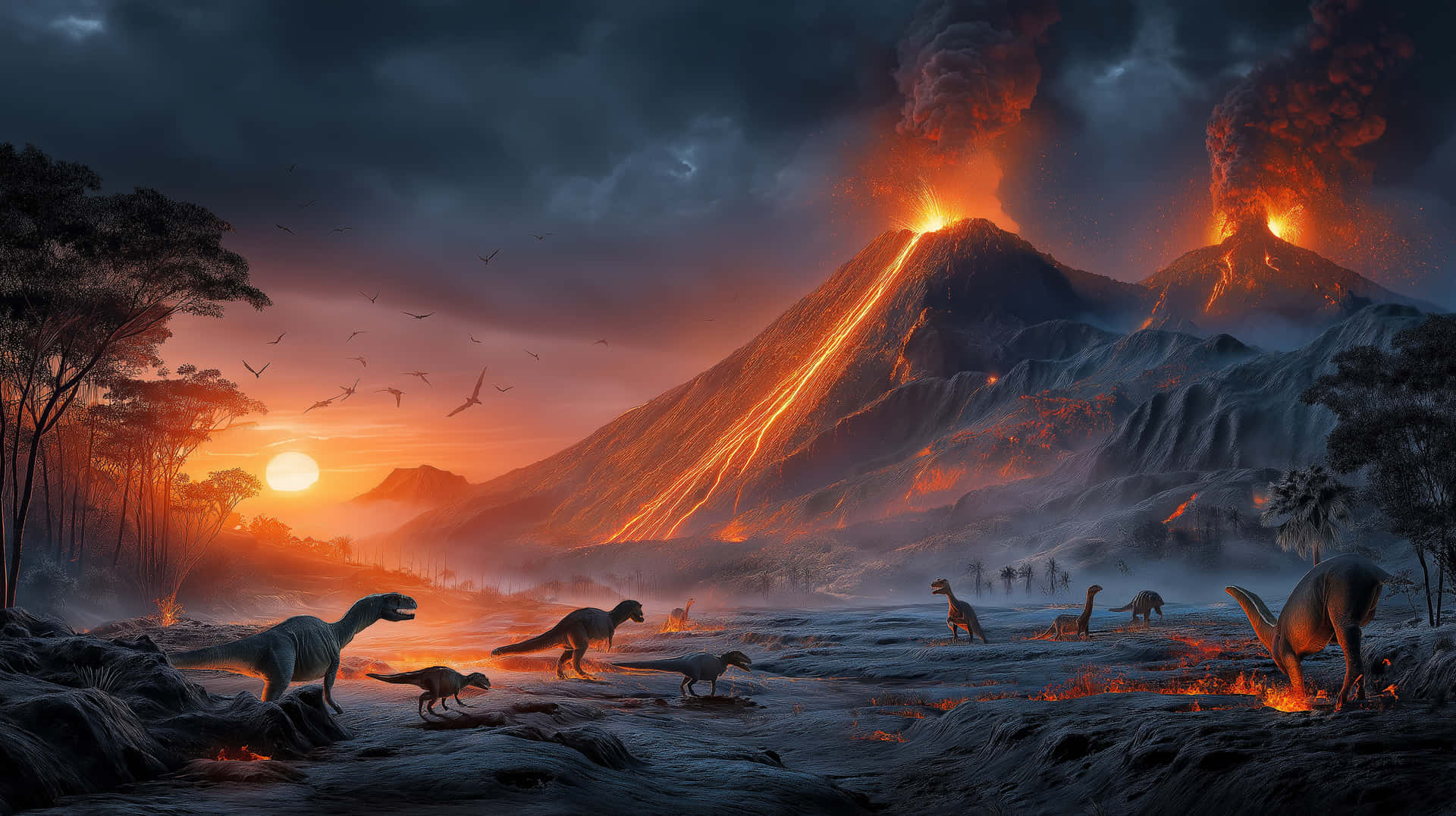 Volcanic Prehistory 壁紙 — 恐龍在火山景觀中漫遊，熔岩在熾熱的日落天空下沿著山脈流下。