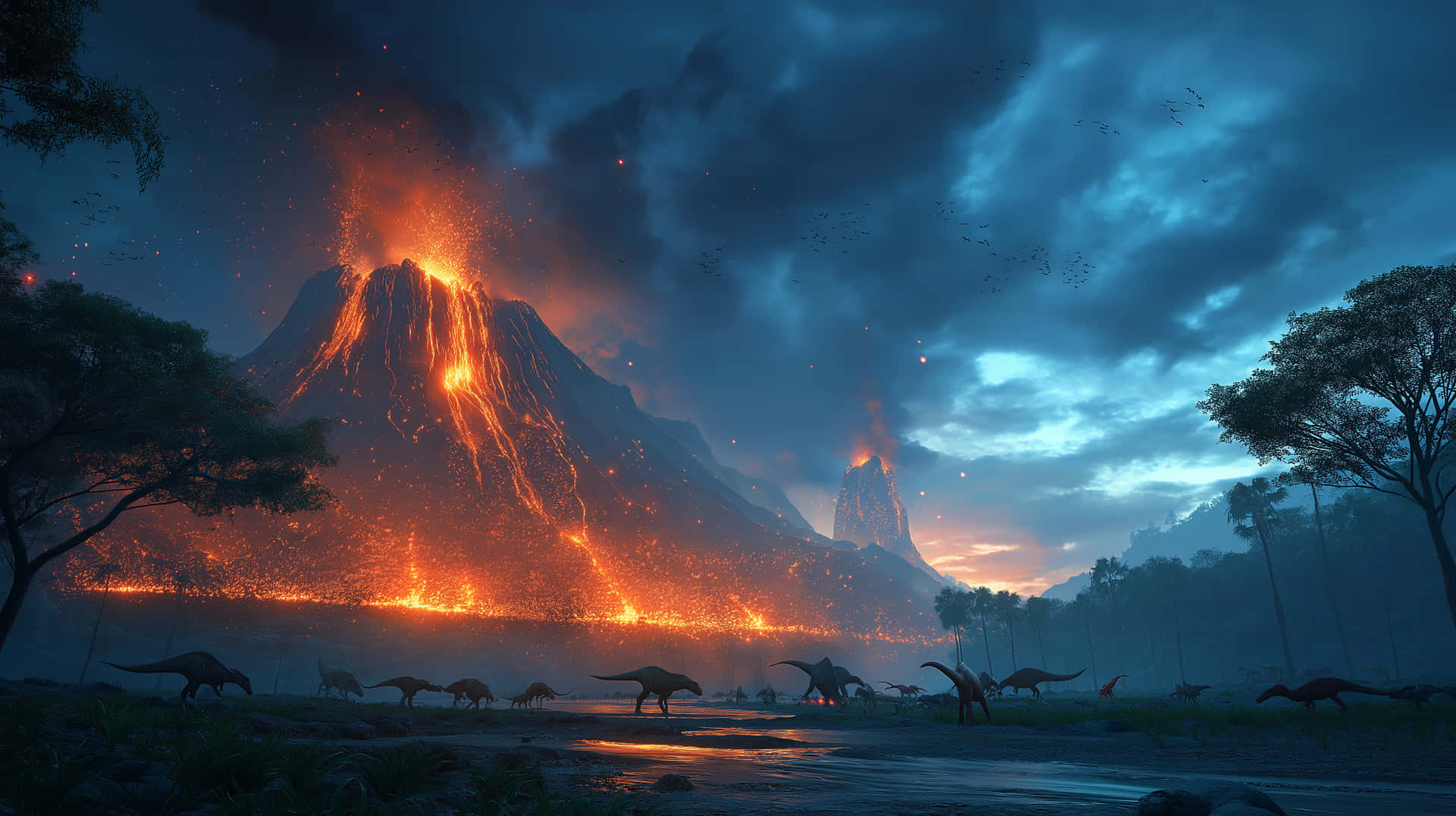 Volcanic Prehistory 壁紙 — 恐龍在霧氣瀰漫的史前平原上漫步，一座巨大的火山在風暴暮色天空下噴出熾熱的熔岩。