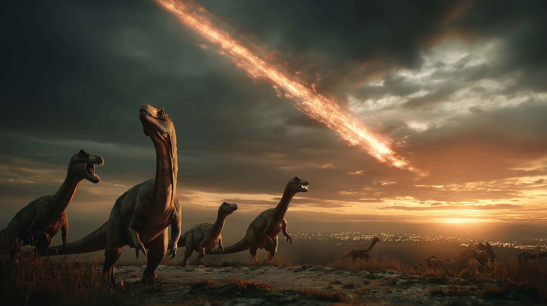 Long-Neck Dinosaurs Witness Meteor Amidst Dusk Sky 壁紙 — 恐龍敬畏地站立，看著一顆熾熱的流星劃過戲劇性的日落天空。