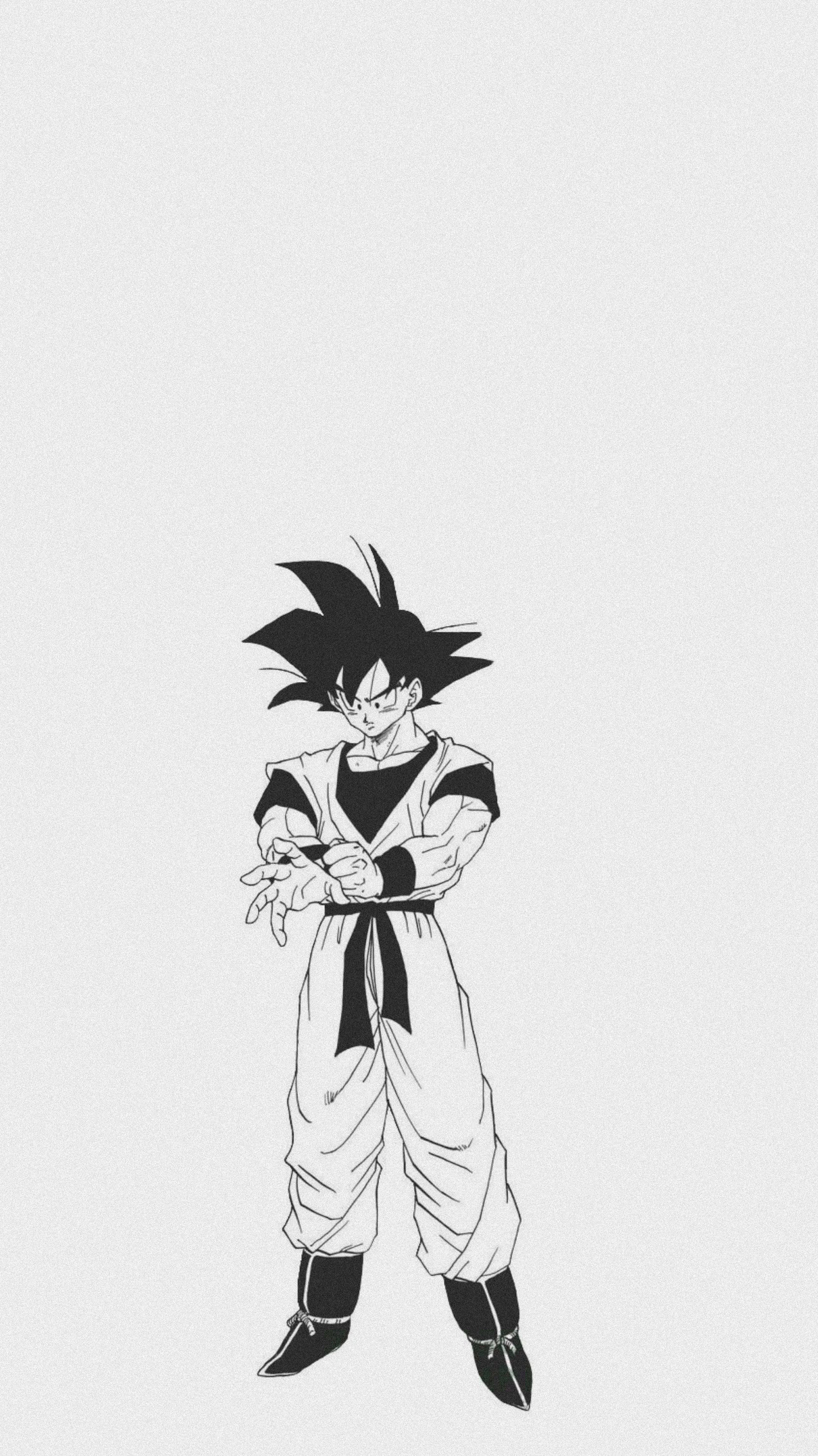 Goku Black And White 桌布 壁紙 — 悟空以標誌性戰鬥姿勢呈現的黑白線條藝術插圖，背景為純淺灰色。
