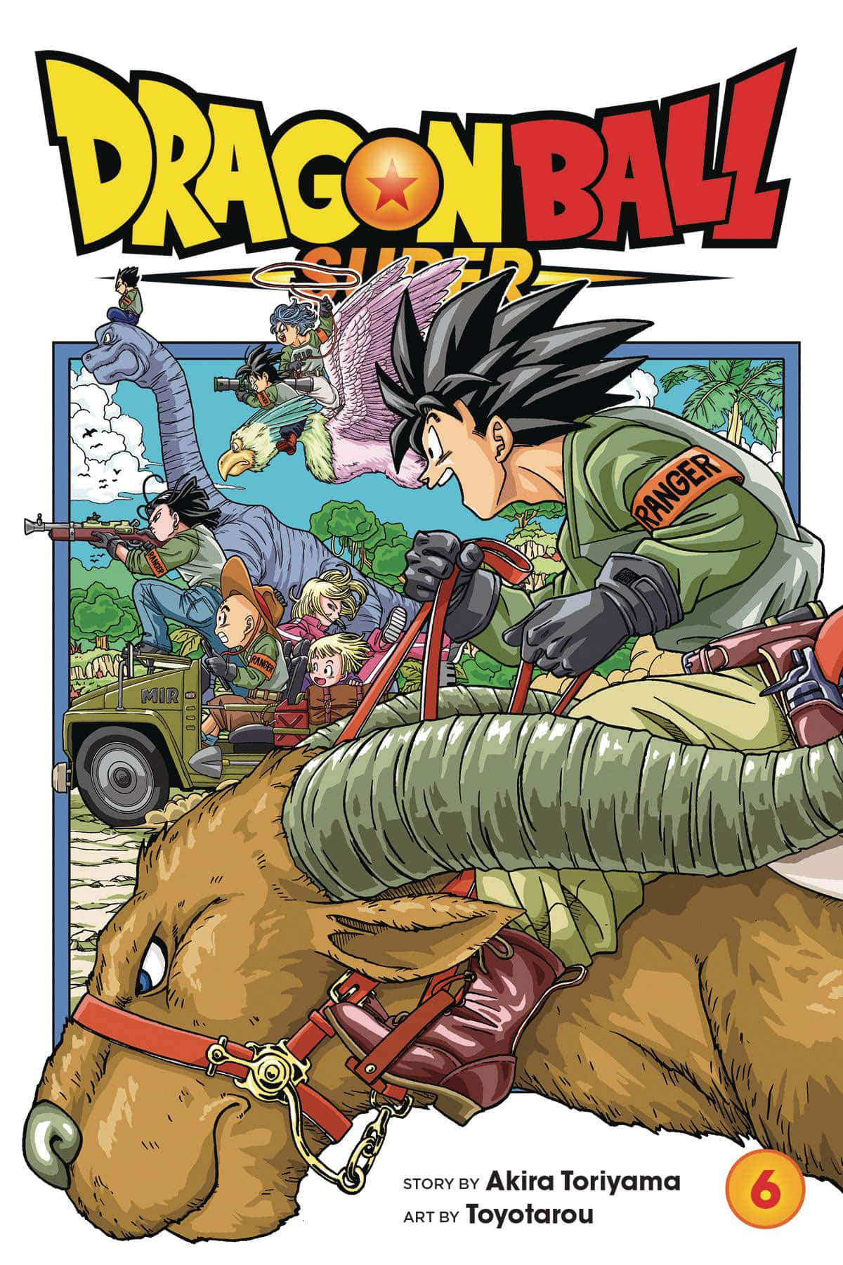 Dragon Ball Super Manga 桌布 壁紙 — 悟空在叢林中騎著一頭巨大的野豬，而士兵和飛行角色在他身後戰鬥，這是七龍珠超漫畫封面。
