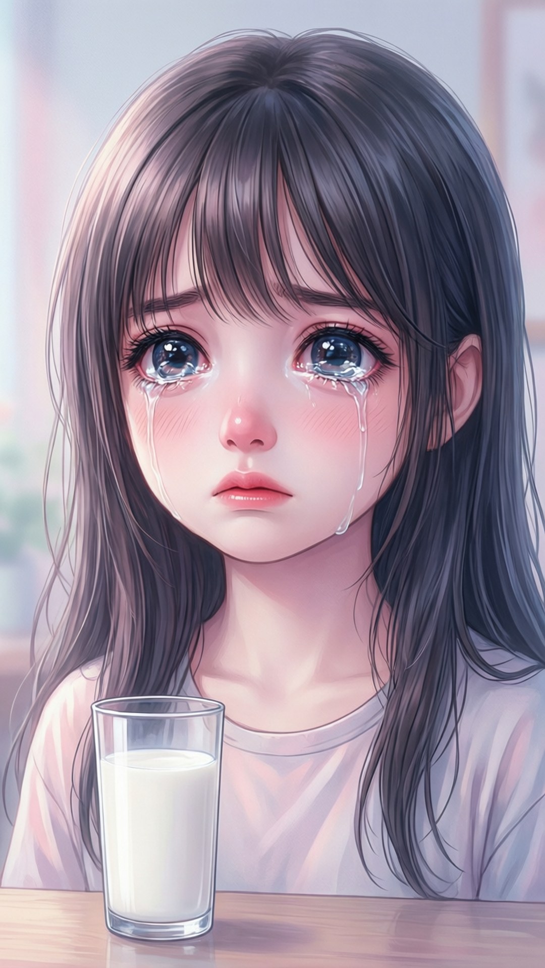 悲傷動畫女孩與牛奶 壁紙 — 一個悲傷的動漫女孩，長長的黑髮，淚水流過臉頰，坐在桌子旁，面前有一杯牛奶。