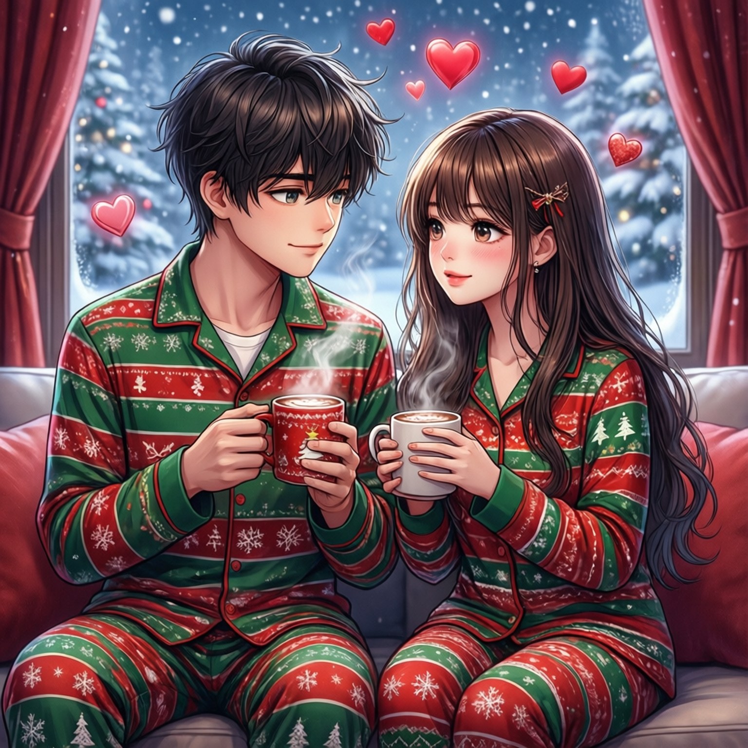 情侶的雪中聖誕 壁紙 — 一對年輕情侶穿著節日睡衣，在飄雪的窗邊分享熱飲，周圍有漂浮的心形。