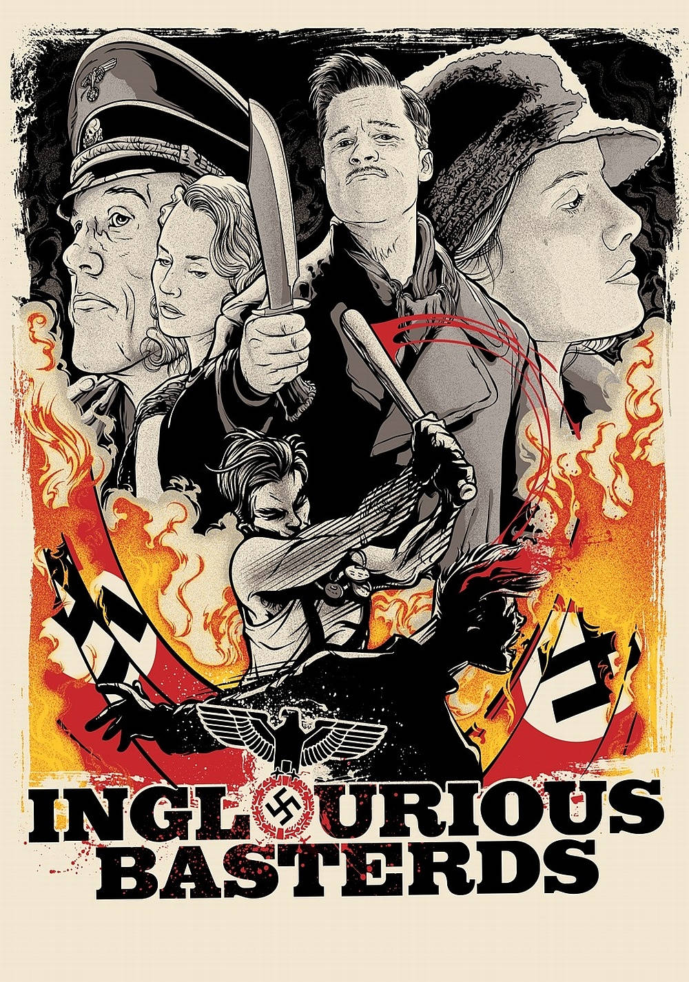 Inglourious Basterds 桌布 壁紙 — 《惡棍特工》的粗獷插畫風格電影海報，風格化角色在火焰背景前手持武器。
