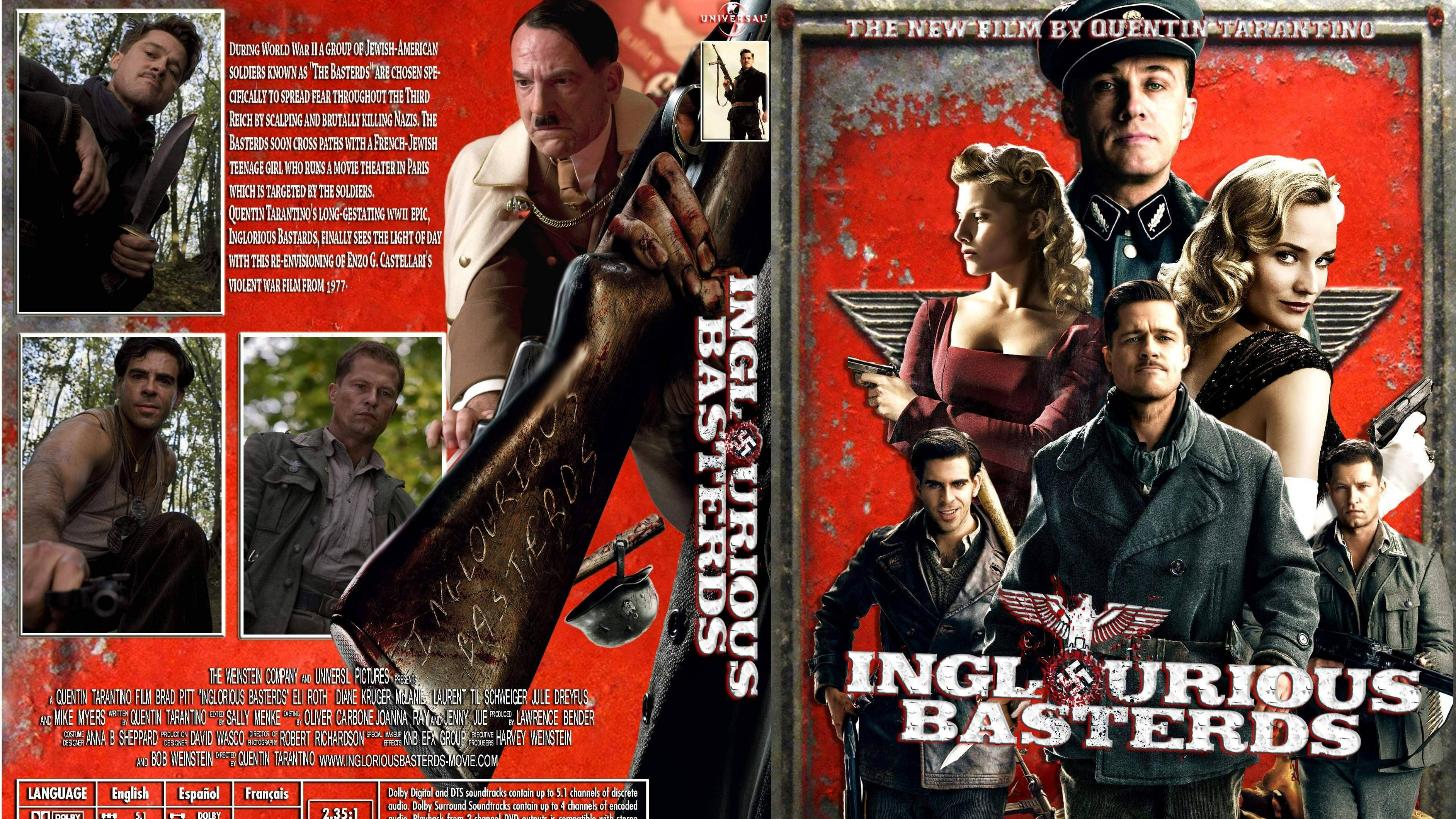 Inglourious Basterds 桌布 壁紙 — 《惡棍特工》電影海報，演員穿著二戰時期服裝，紅色背景上有納粹標誌。