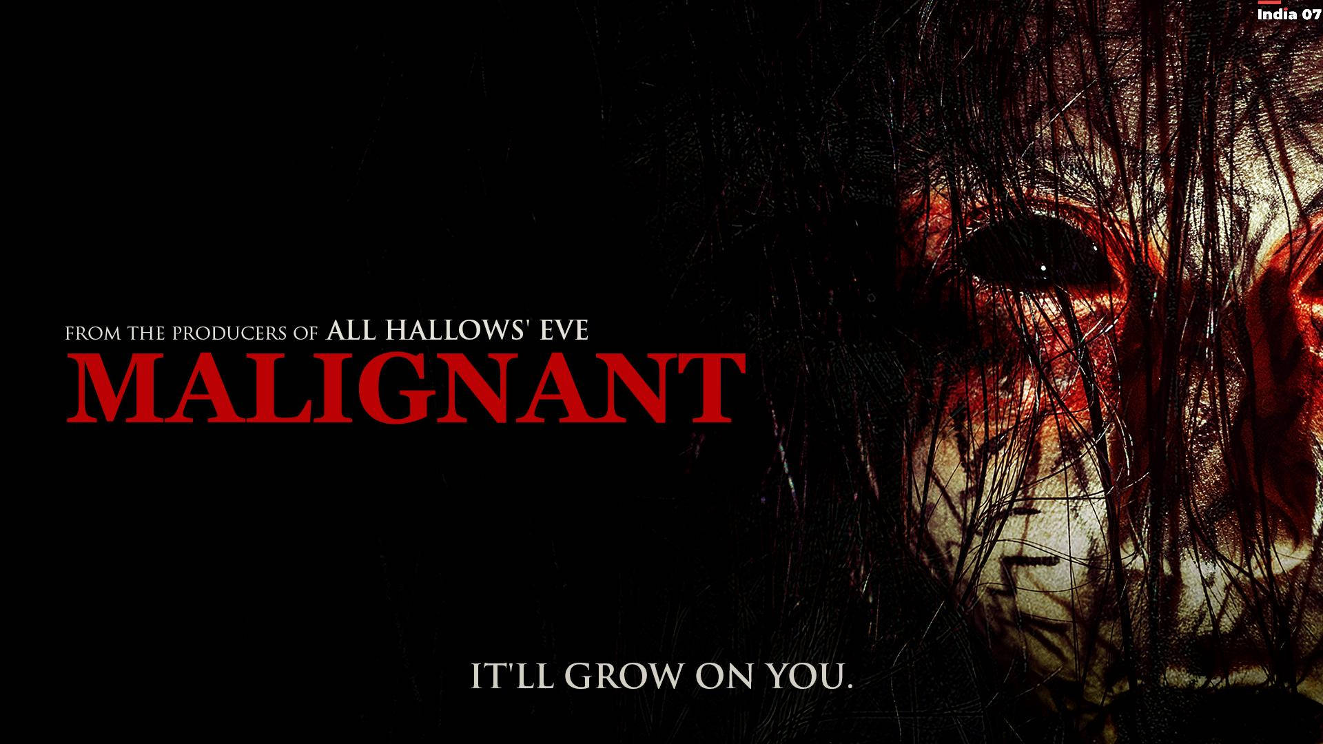 Malignant 桌布 壁紙 — 《惡煞》恐怖電影海報，黑色背景上血跡斑斑的臉龐被暗色藤蔓部分遮蓋。