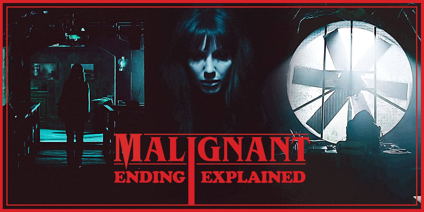 Malignant 桌布 壁紙 — 《惡煞》的令人難忘的電影海報， featuring 一個幽靈般的女人面孔、走廊中的陰影人物和一個帶風扇的明亮圓形窗戶，全部以紅色邊框呈現。