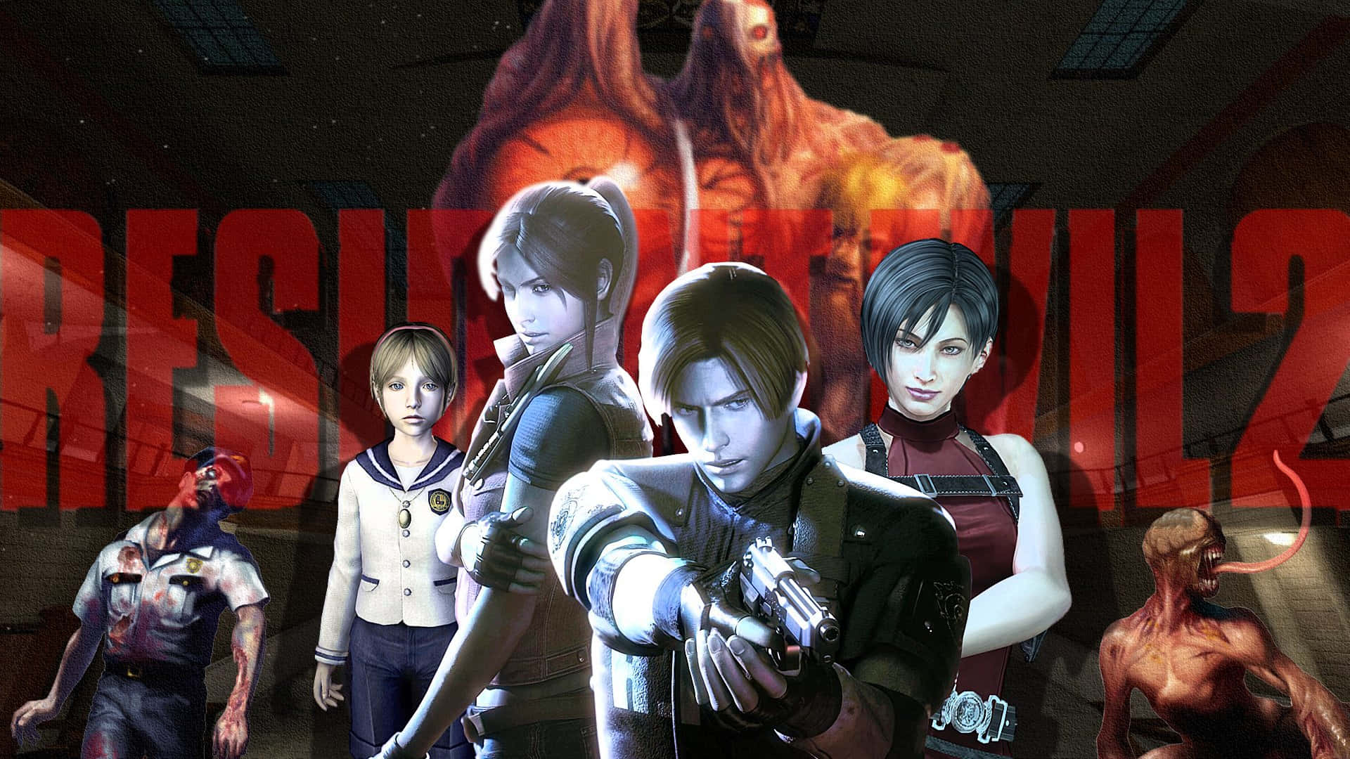 Resident Evil 2 桌布 壁紙 — 《惡靈古堡2》的角色手持武器準備就緒，而怪誕的殭屍和一隻巨型怪物在昏暗的工業環境中若隱若現。