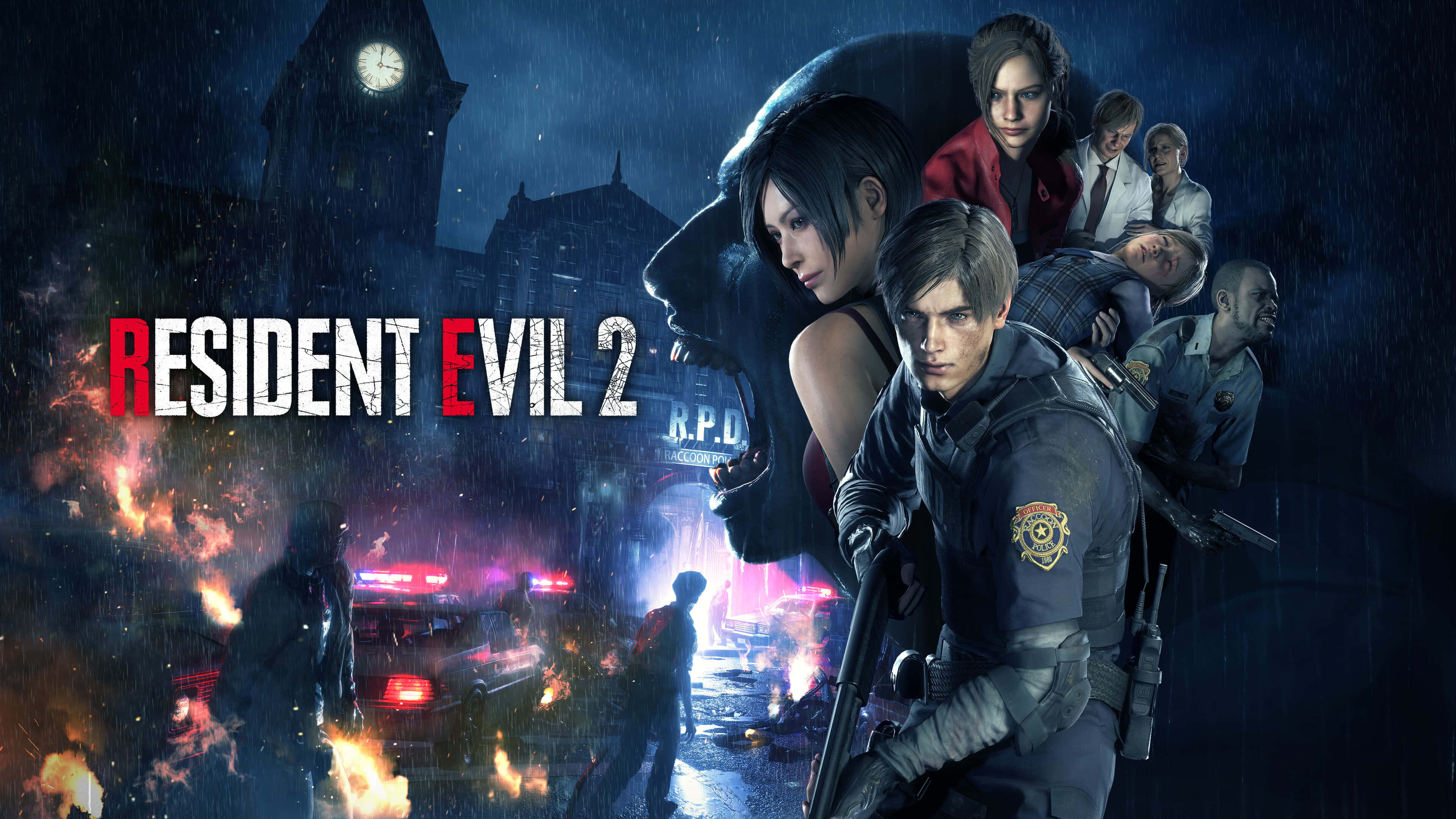 Resident Evil Characters 桌布 壁紙 — 《惡靈古堡2》的角色站在雨夜的城市街道上，背景有燃燒的汽車和鐘樓。