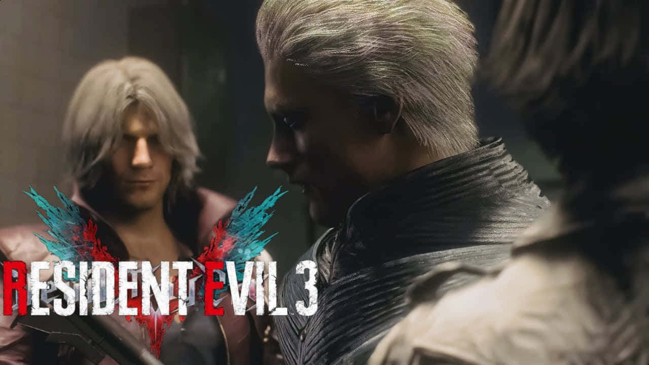 Devil May Cry Characters 桌布 壁紙 — 《惡靈古堡3》的兩個角色站在燈光昏暗的房間中，帶有戲劇性燈光和遊戲標題疊加。