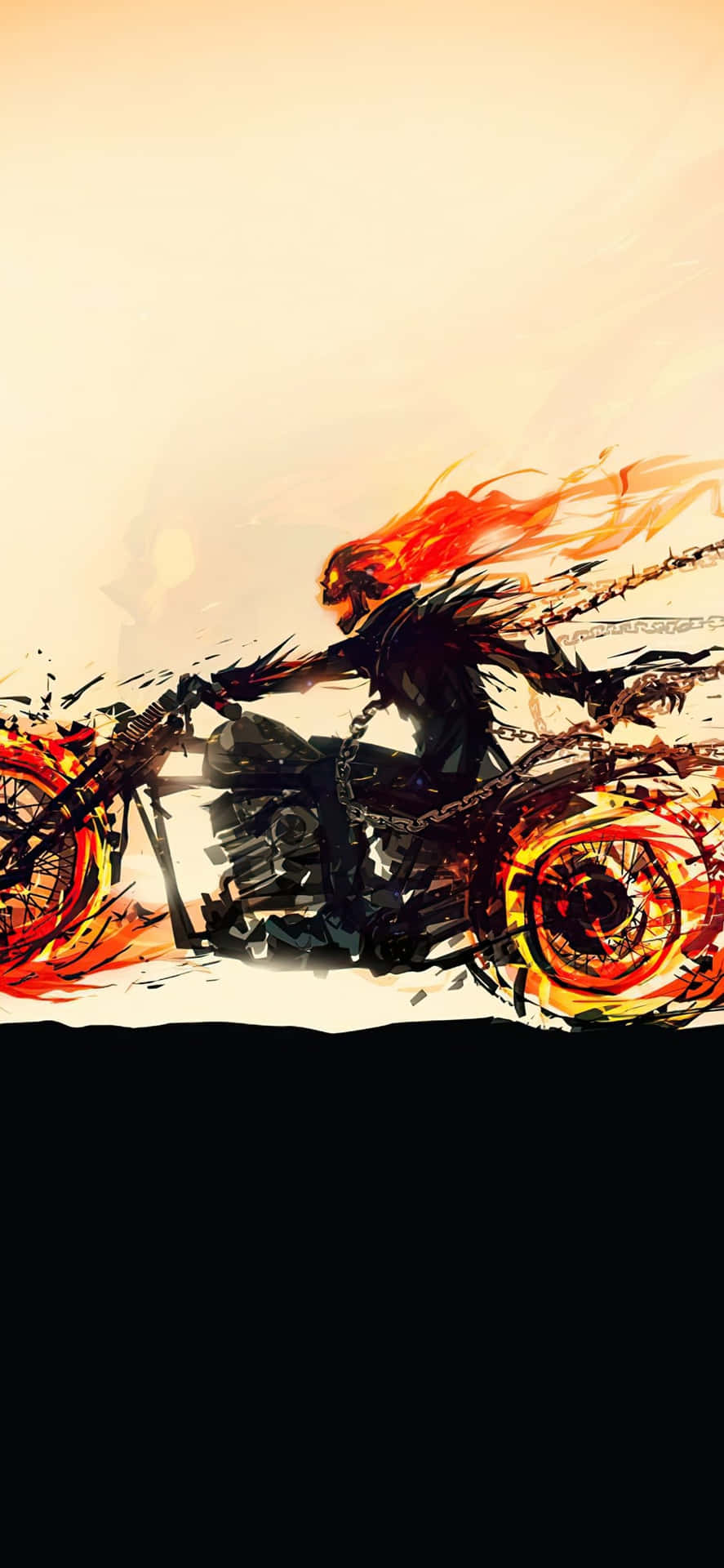 惡靈騎士騎著燃燒的機車，帶著鎖鏈和火焰般的頭髮。 — 鬼 Rider 壁紙