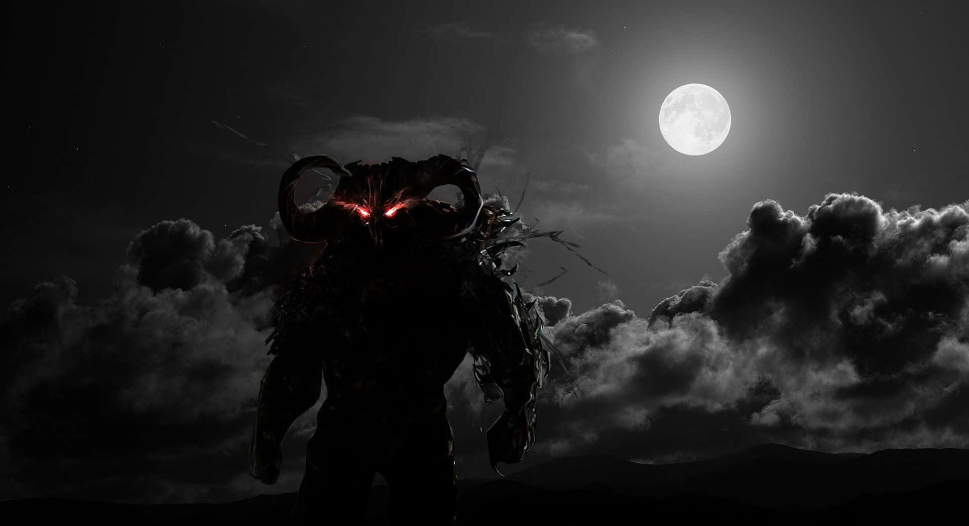 惡魔佇立於暗夜中的滿月之下 壁紙