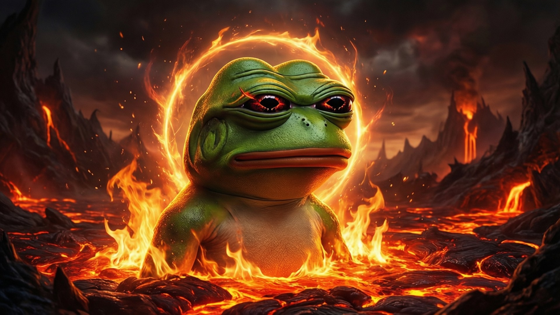 惡魔佩佩地獄 壁紙 — 一隻紅眼綠蛙從熾熱的熔岩中出現，被火焰光環包圍在火山景觀中。
