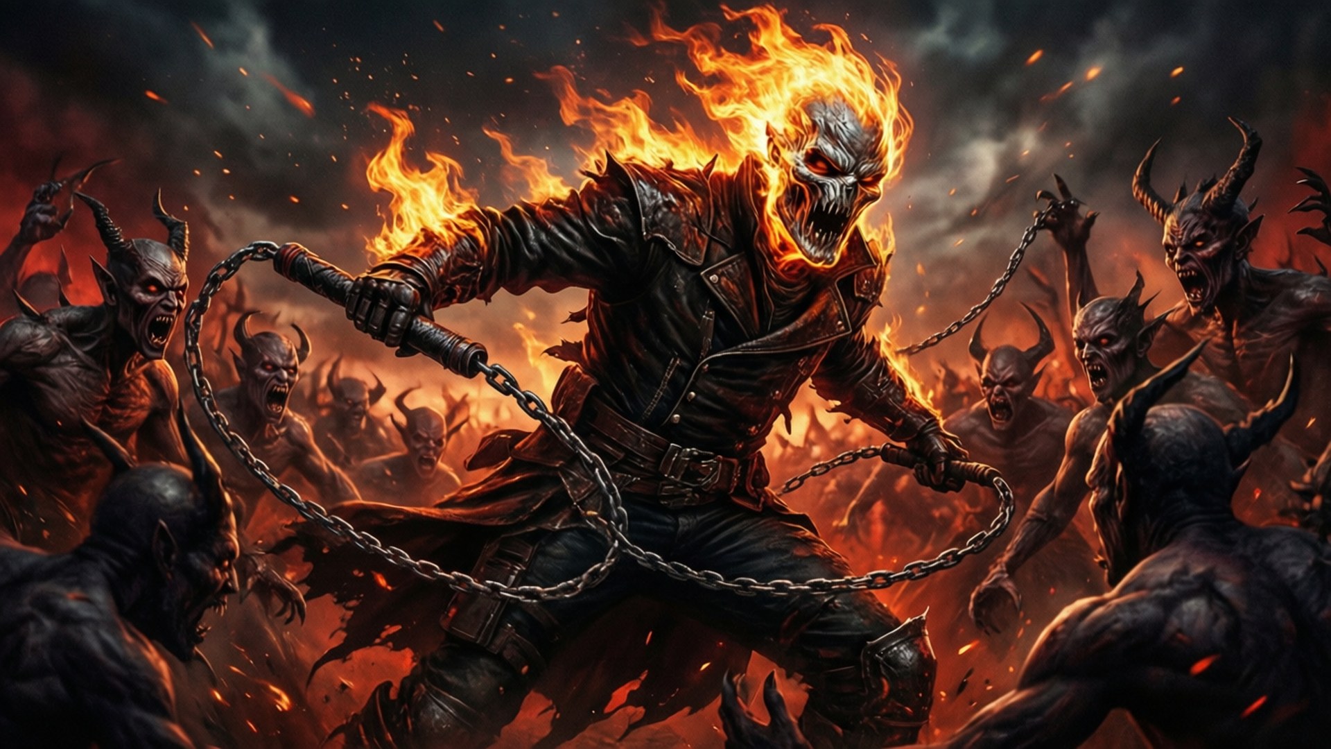 惡魔大軍 壁紙 — Ghost Rider 騎著火焰摩托車穿過地獄般的戰場，周圍環繞著惡魔生物。