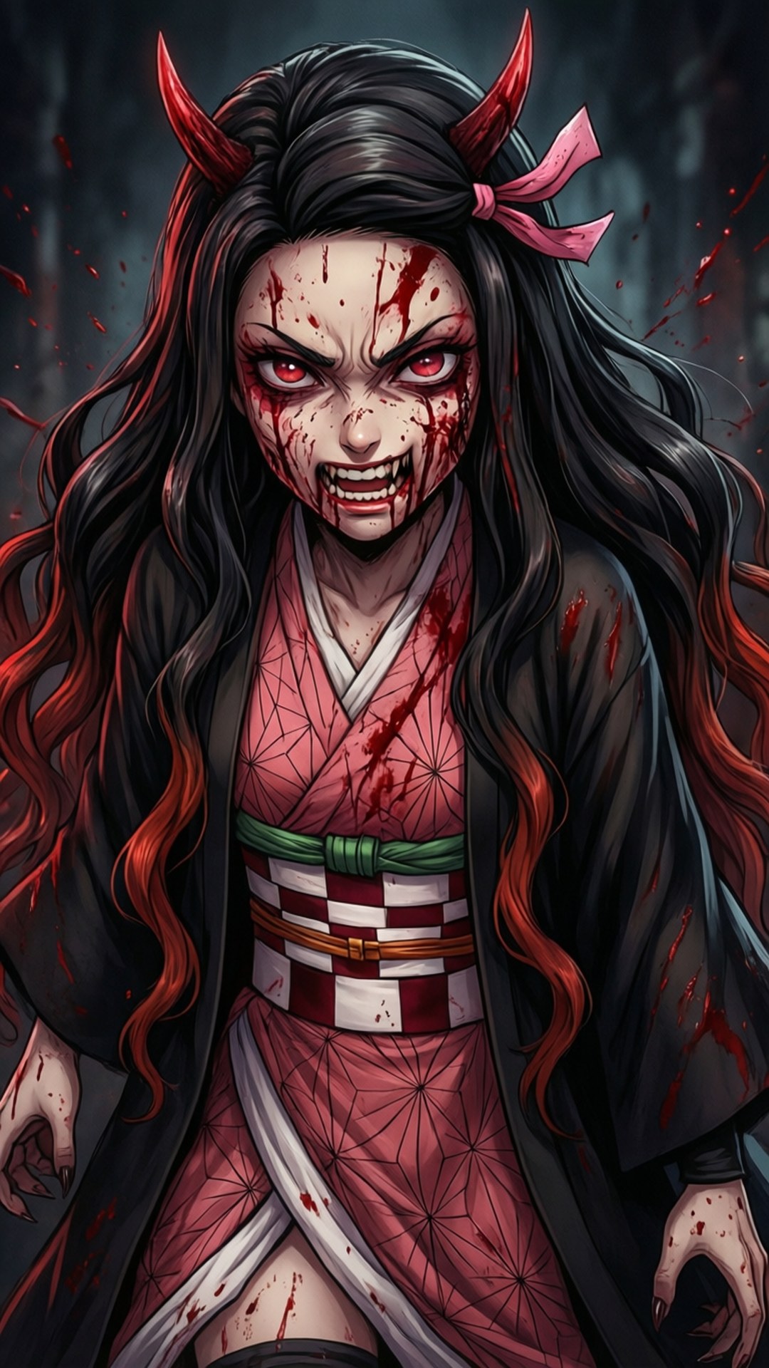 禰豆子以兇猛惡魔型態現身，血跡四濺。