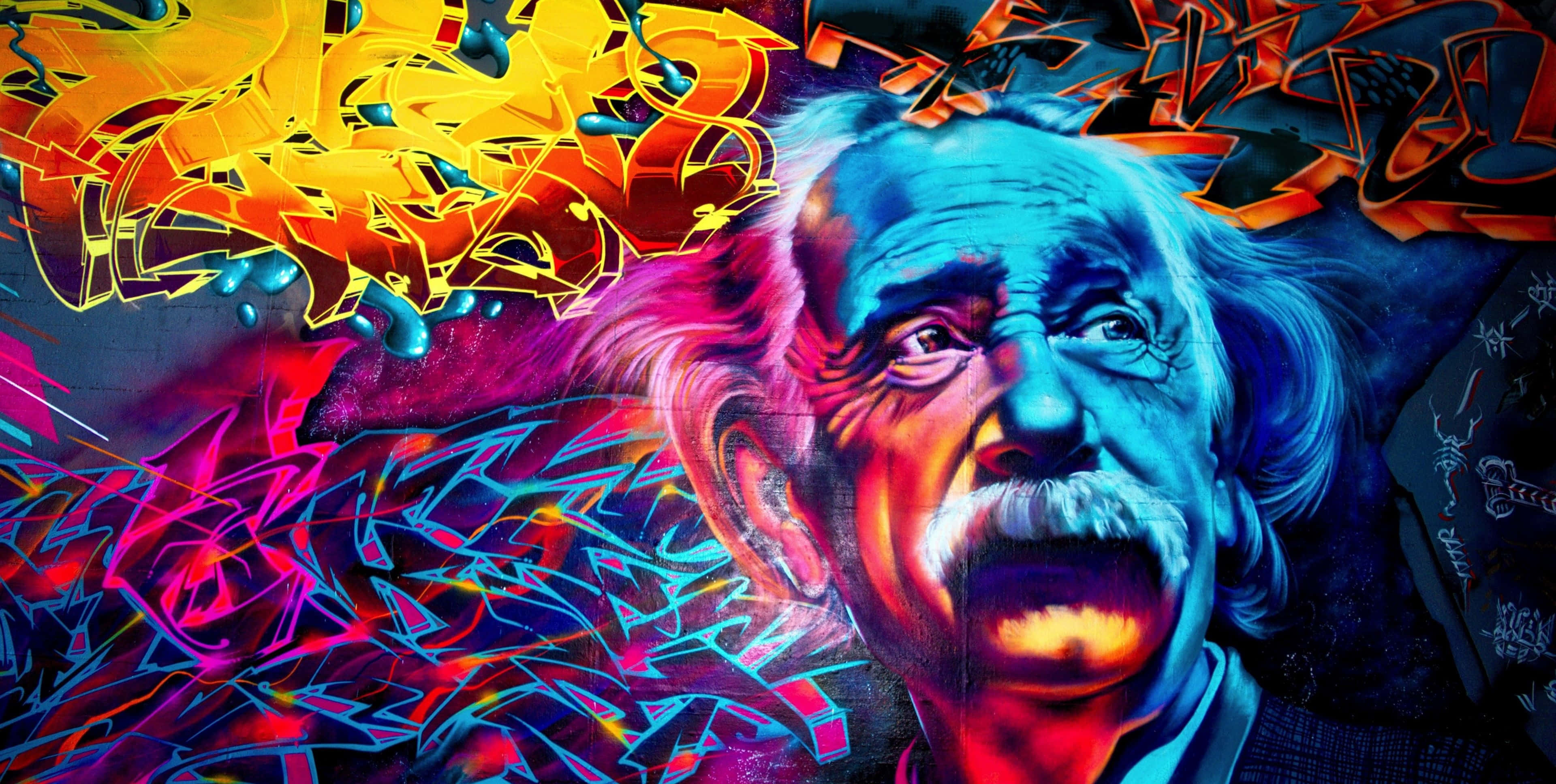einstein 桌布 壁紙 — 愛因斯坦的鮮豔塗鴉壁畫，帶有霓虹色彩和旋轉抽象圖案。
