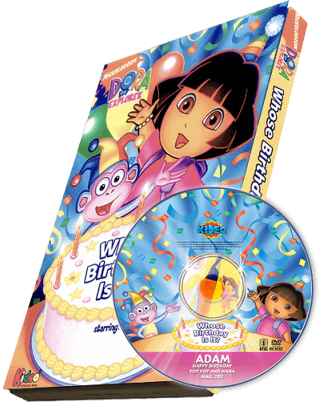 愛探險的朵拉 桌布 壁紙 — 愛探險的Dora DVD封面和光碟，Dora和Boots用蛋糕和五彩紙屑慶祝生日。