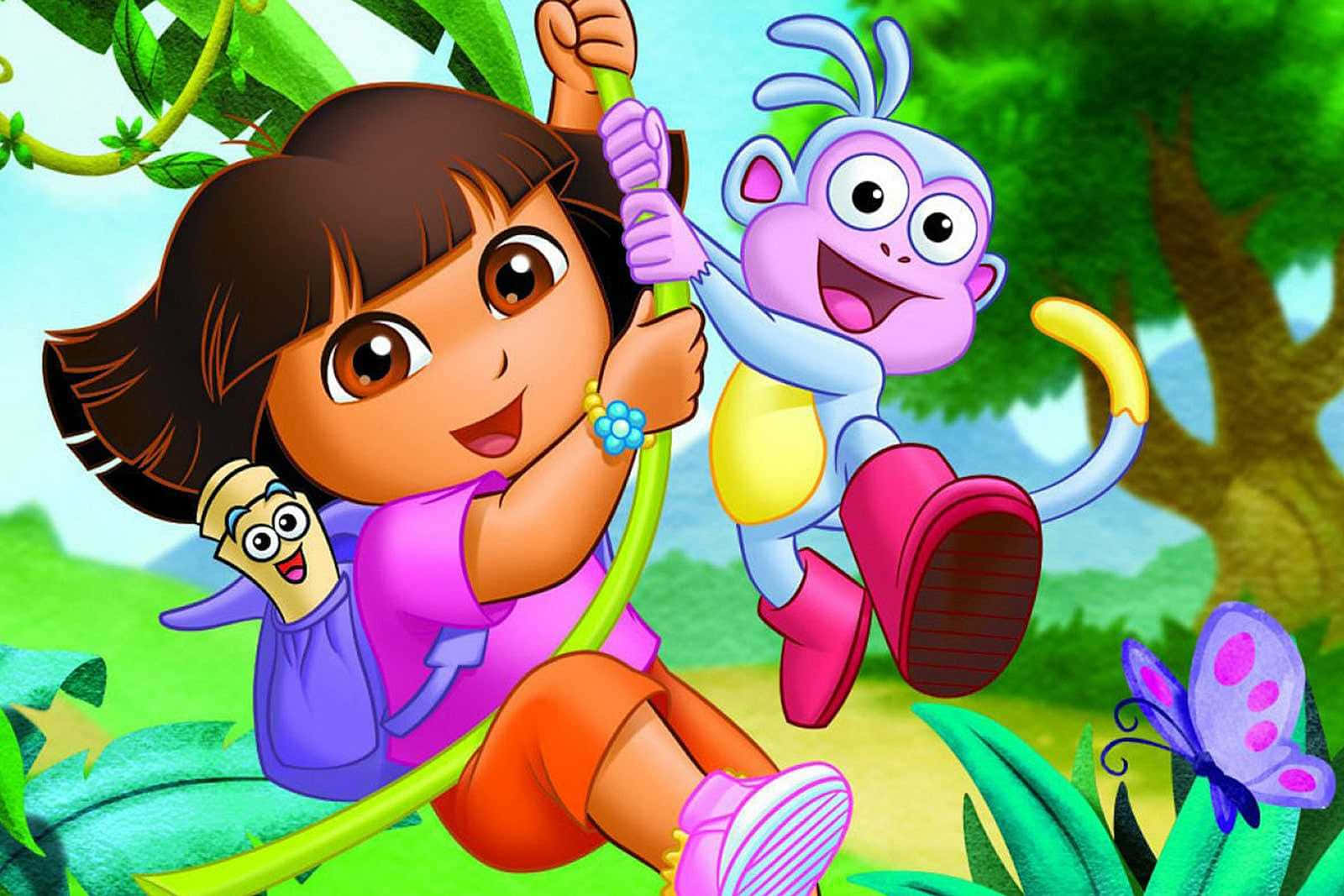 Dora 桌布 壁紙 — 愛探險的Dora和Boots在充滿活力的叢林中愉快地搖擺，附近有蝴蝶翩翩起舞。