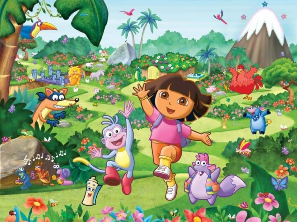 Dora 桌布 壁紙 — 愛探險的Dora和她的朋友們愉快地探索一個充滿色彩繽紛的花朵、動物和遠處雪山的热帶叢林。