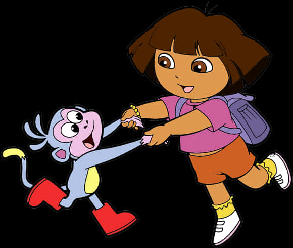 Dora 桌布 壁紙 — 愛探險的Dora和她的猴子朋友Boots在黑色背景上手牽手快樂地奔跑。