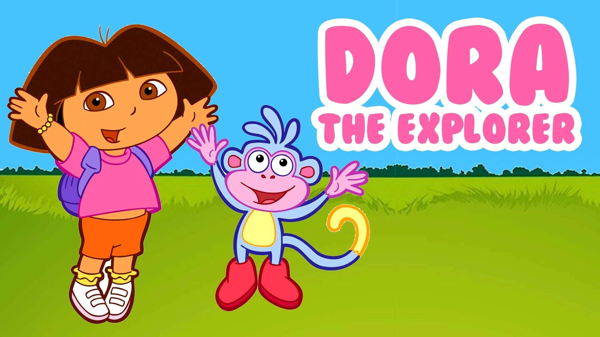Dora 桌布 壁紙 — 愛探險的Dora和她的猴子朋友Boots在晴朗藍天下的一片翠綠田野中愉快地揮手。