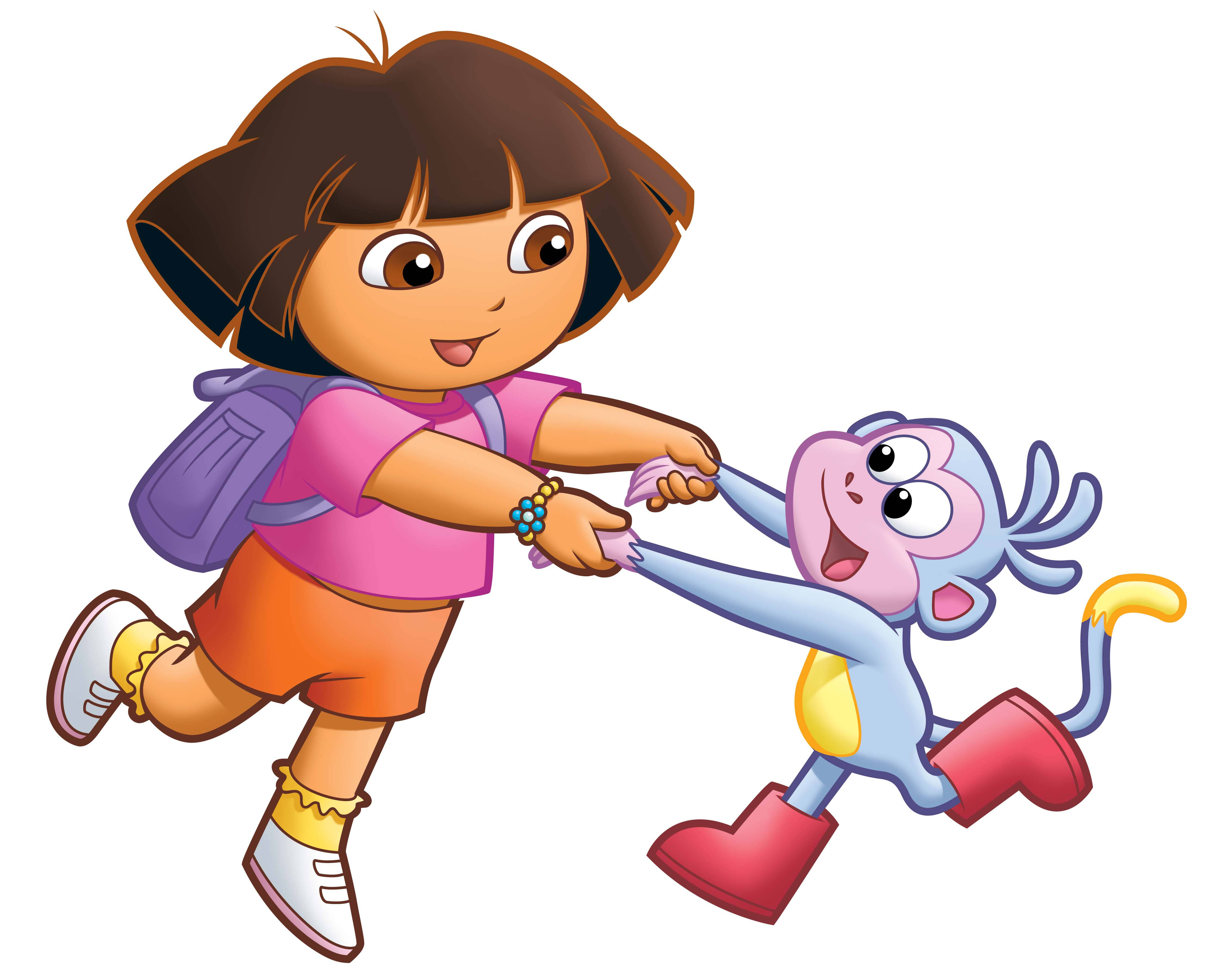 Dora 桌布 壁紙 — 愛探險的Dora和她的猴子朋友Boots在純白色背景前開心地手牽手奔跑。