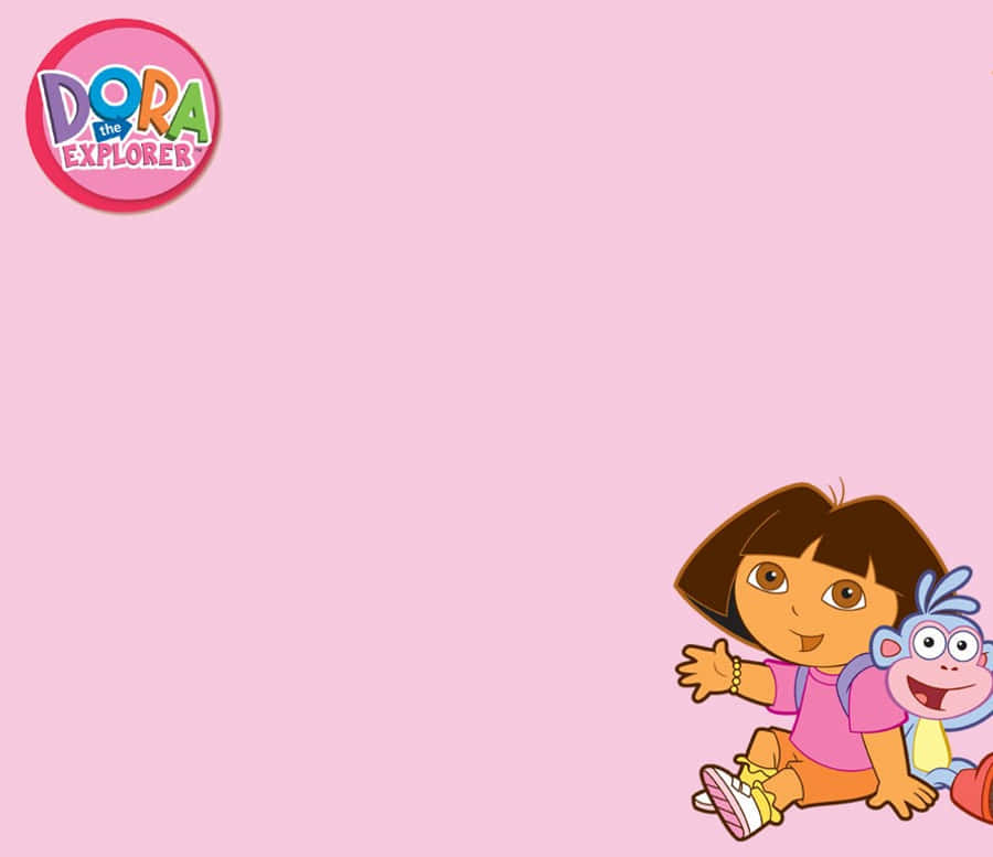 Dora 桌布 壁紙 — 愛探險的Dora和她的猴子朋友Boots愉快地坐在純粉紅色背景的角落，節目標誌在左上角。