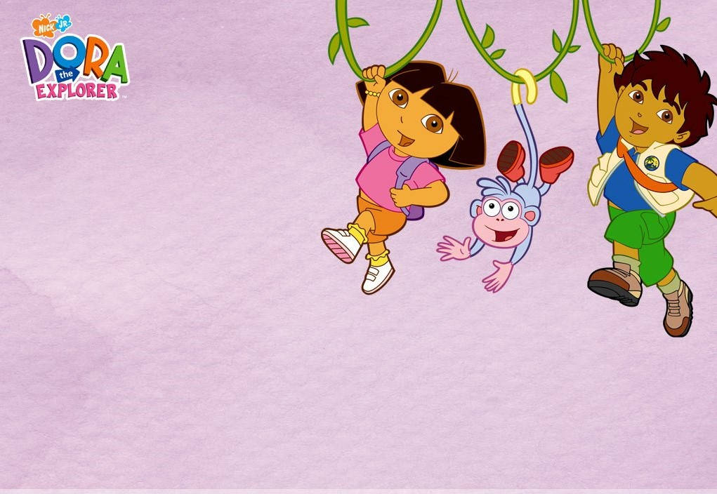 Dora 桌布 壁紙 — 愛探險的Dora和朋友們在柔軟的紫色紋理背景上盪藤蔓。